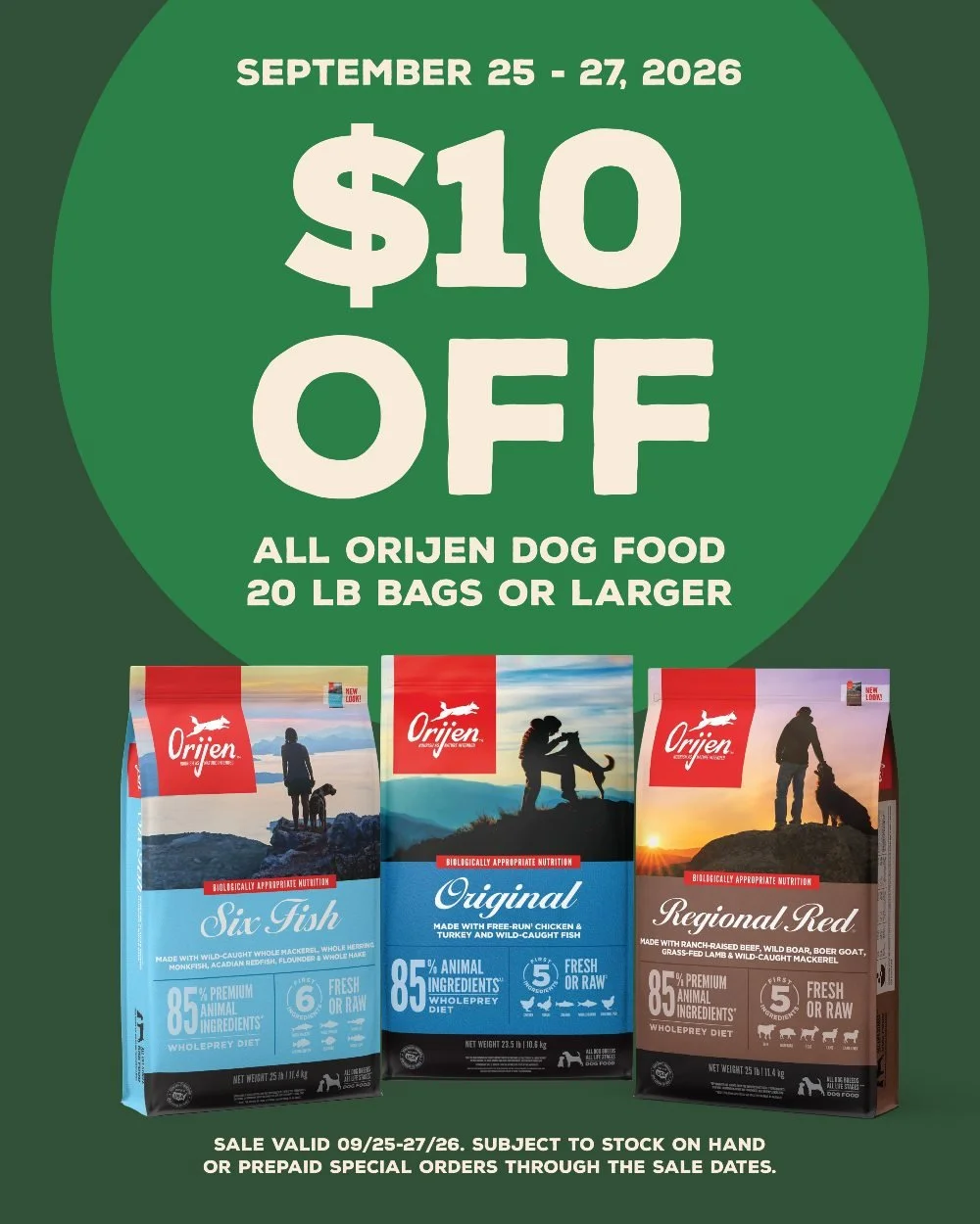Save $10 on all Orijen Dog Food (20lb bags of larger) ~ Limited time only! 🤩 The first 5 ingredients are fresh or raw! Their fresh ingredients use refrigeration as the sole method of preservation &amp; the raw ingredients are frozen at their peak fr