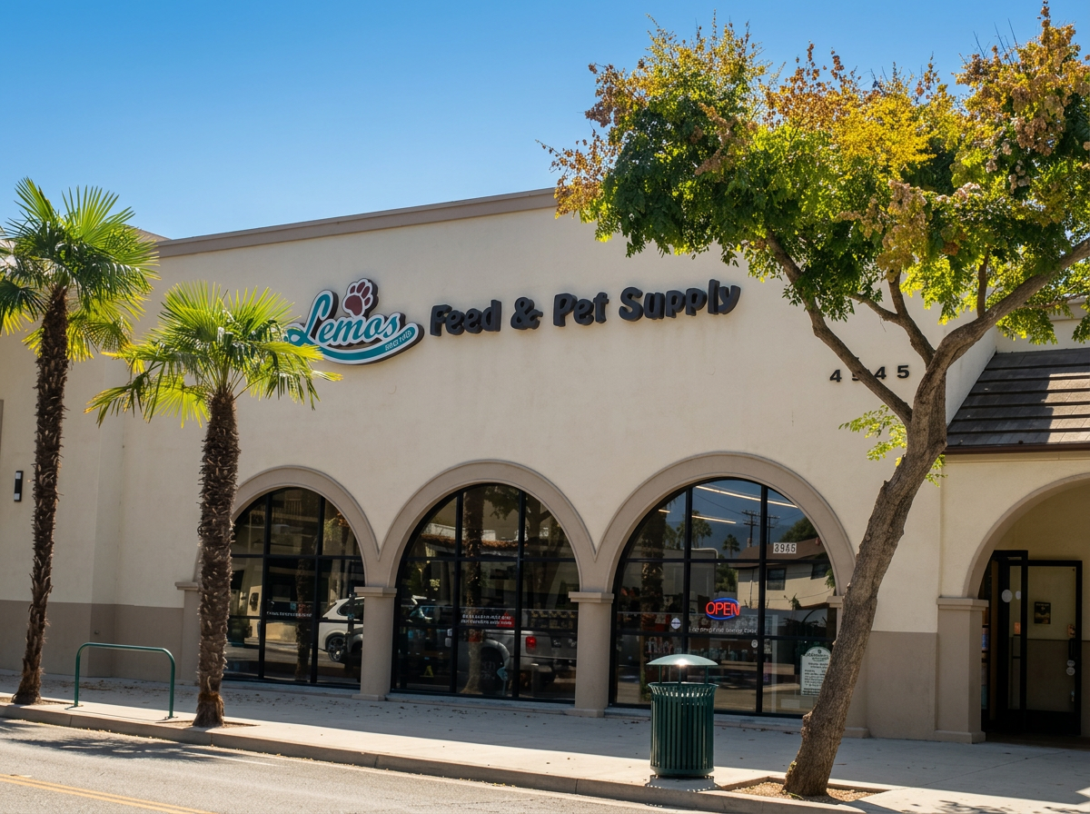 The front of Lemos Feed & Pet Supply store in Carpinteria with palm trees, storefront windows, and outdoor seating area.