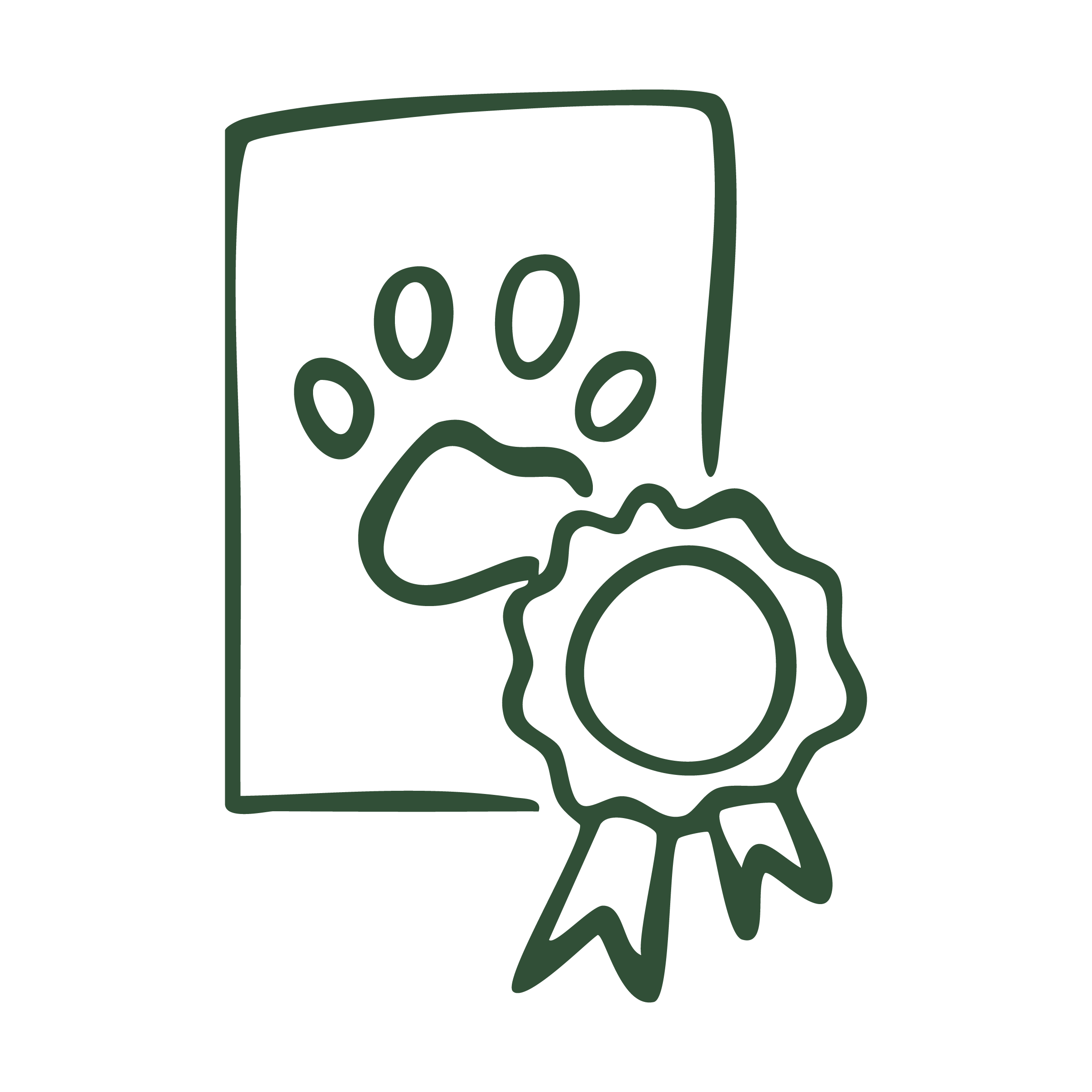 Outline of a certificate or award with a paw print and a ribbon or badge on it.
