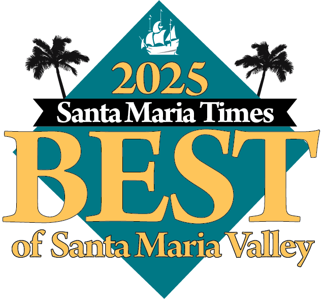 Logo for 2025 Santa Maria Times Best of Santa Maria Valley with a ship illustration at the top, black background, and palm trees on either side.