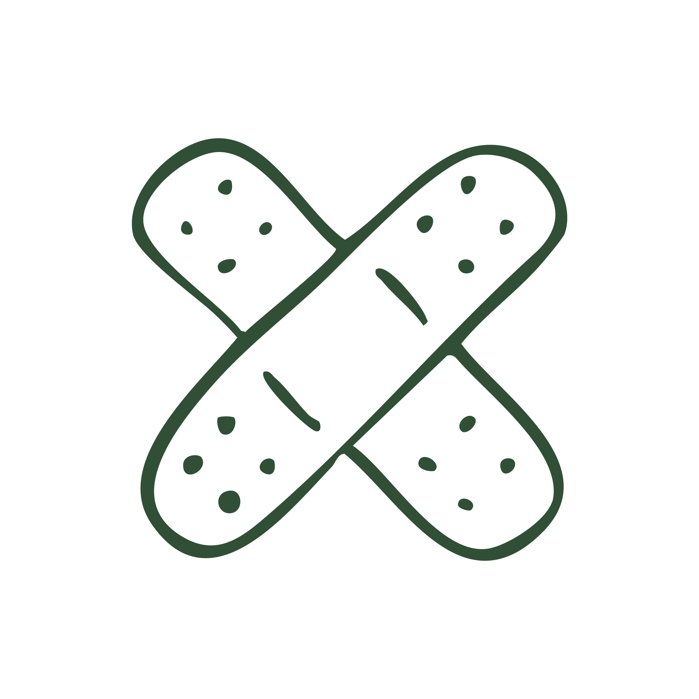 Illustration of two crossed adhesive bandages with dotted patterns, outlined in dark green.
