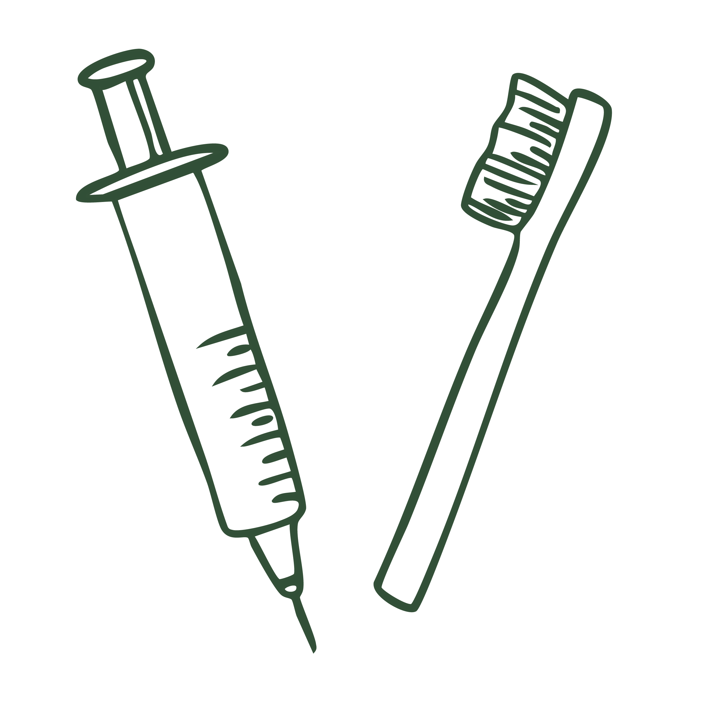 Line drawing of a syringe and a toothbrush with toothpaste on a black background.