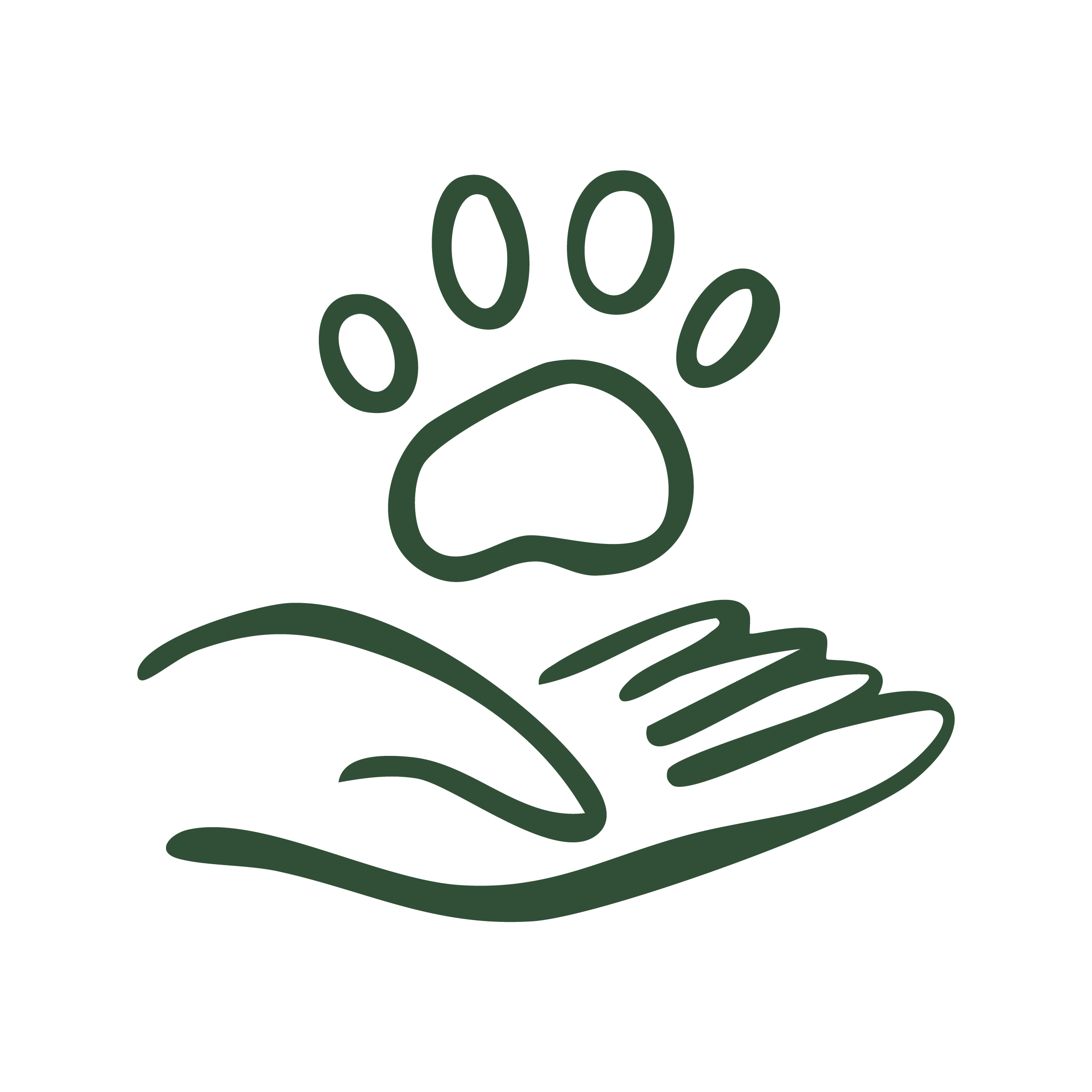 Outline drawing of a paw print above a hand with grass, in a simple minimalist style.