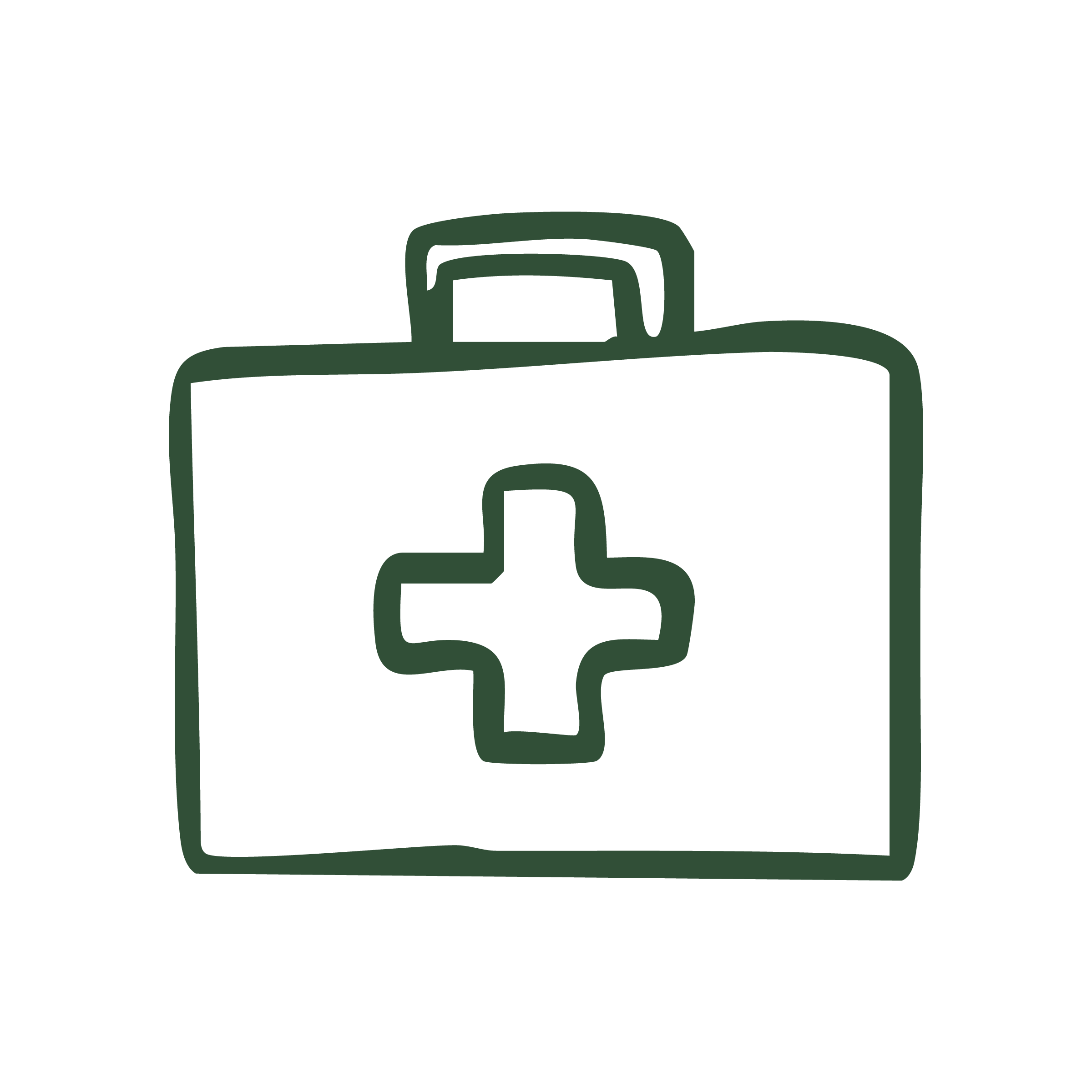 Outline of a medical first aid kit with a cross symbol on the front.