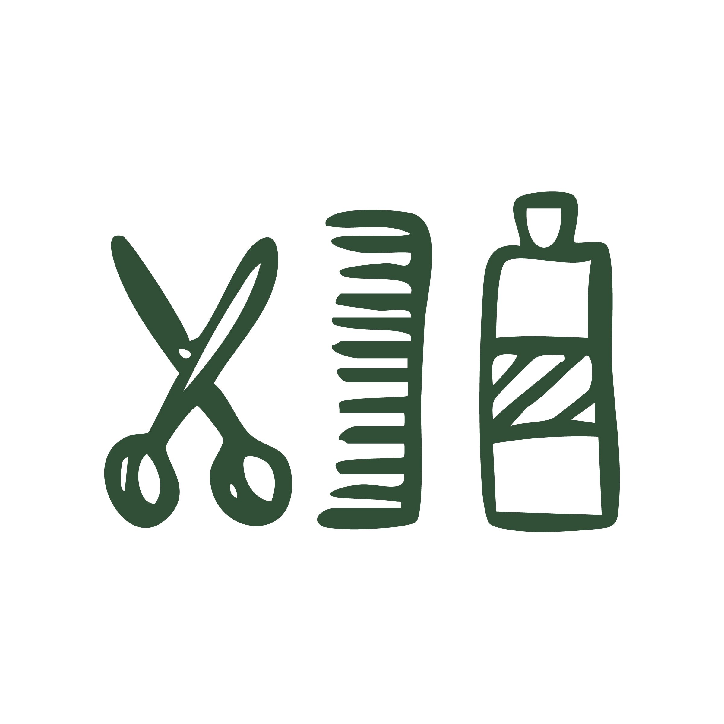 Drawing of hair scissors, a comb, and a bottle of hair product.