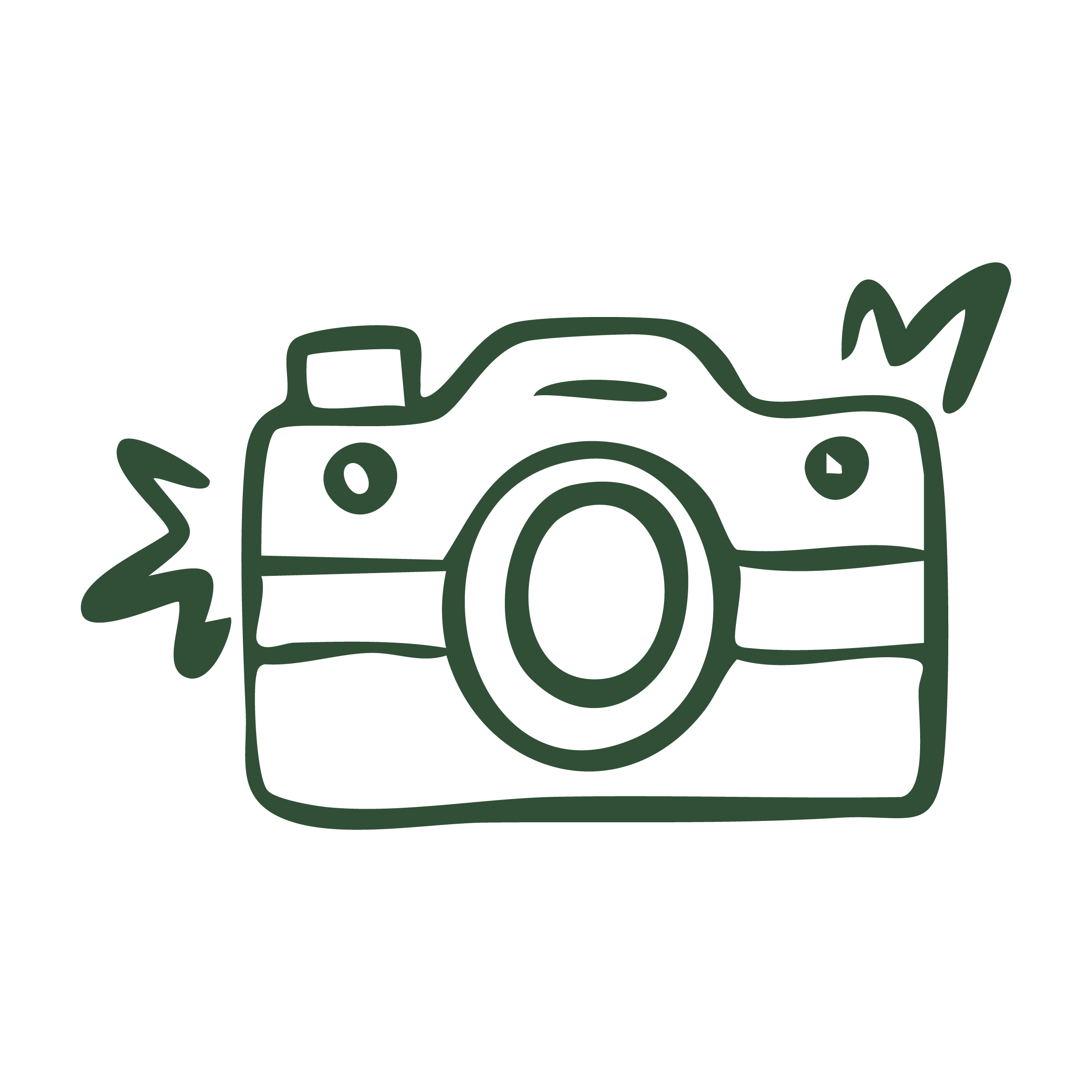 Illustration of a camera with motion lines, indicating camera flash or action.