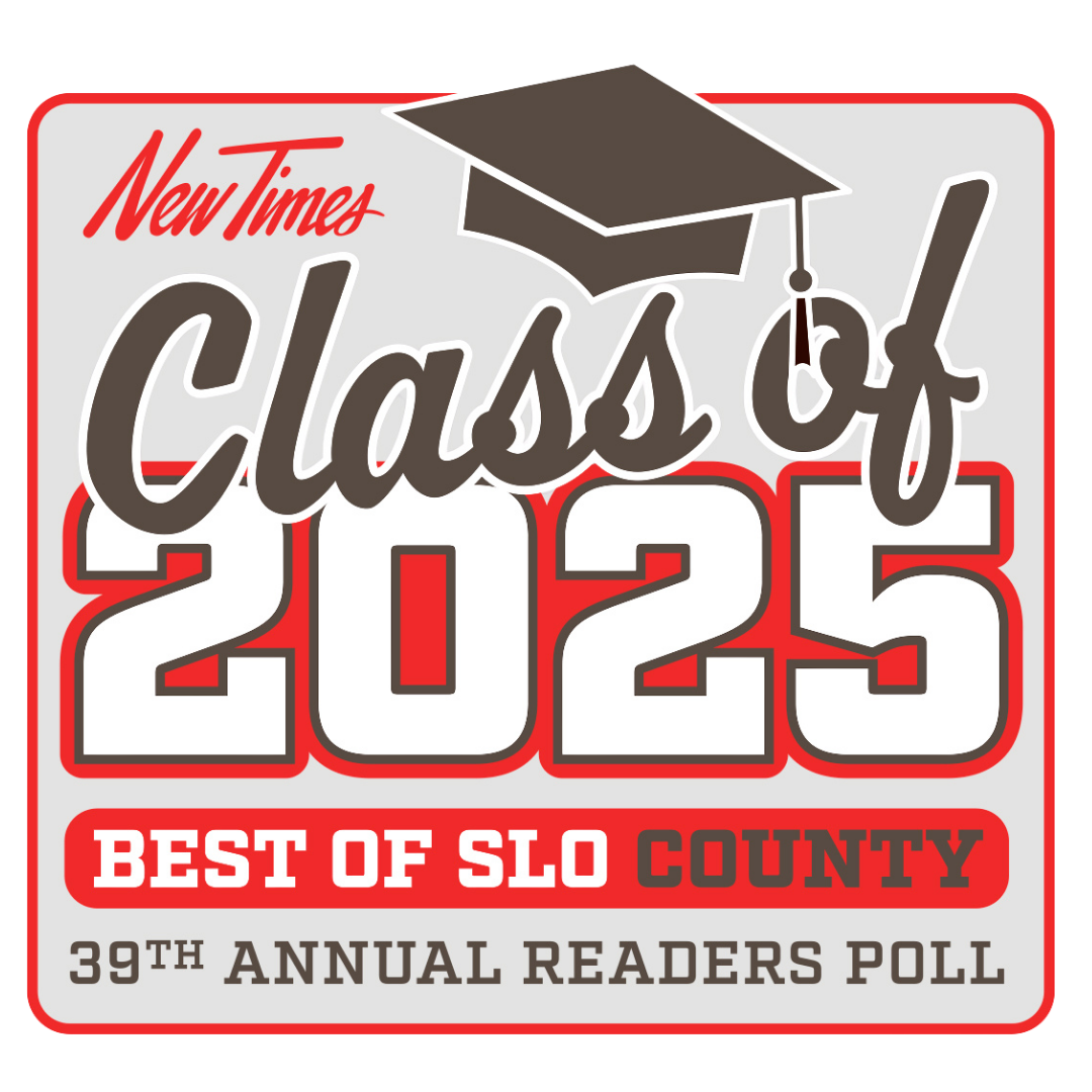 A promotional graphic for the New Times Class of 2025 Best of SLO County. Features a graduation cap and highlights the 39th annual readers poll.