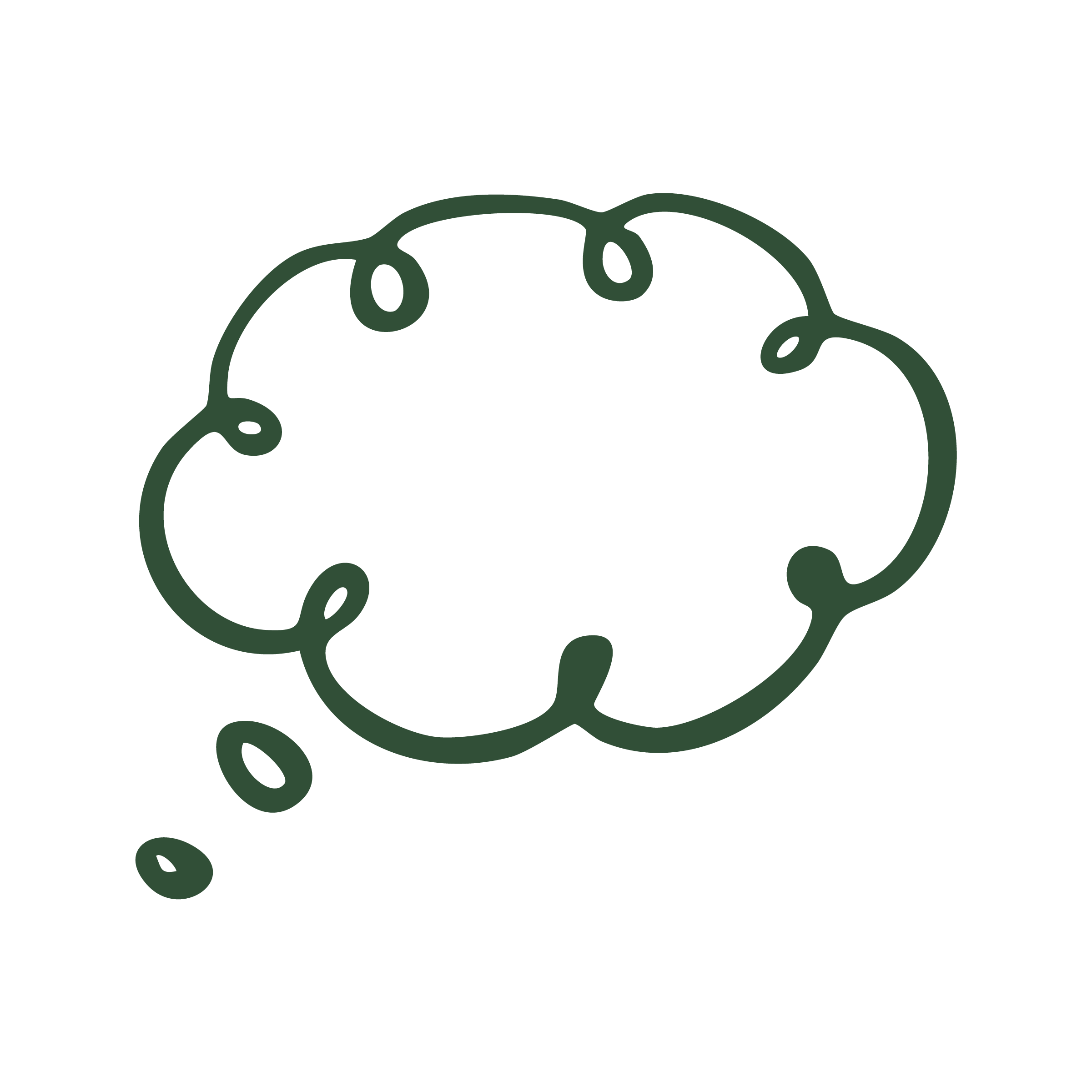 Outline of a brain with small circles connected to it, representing thought or ideas.