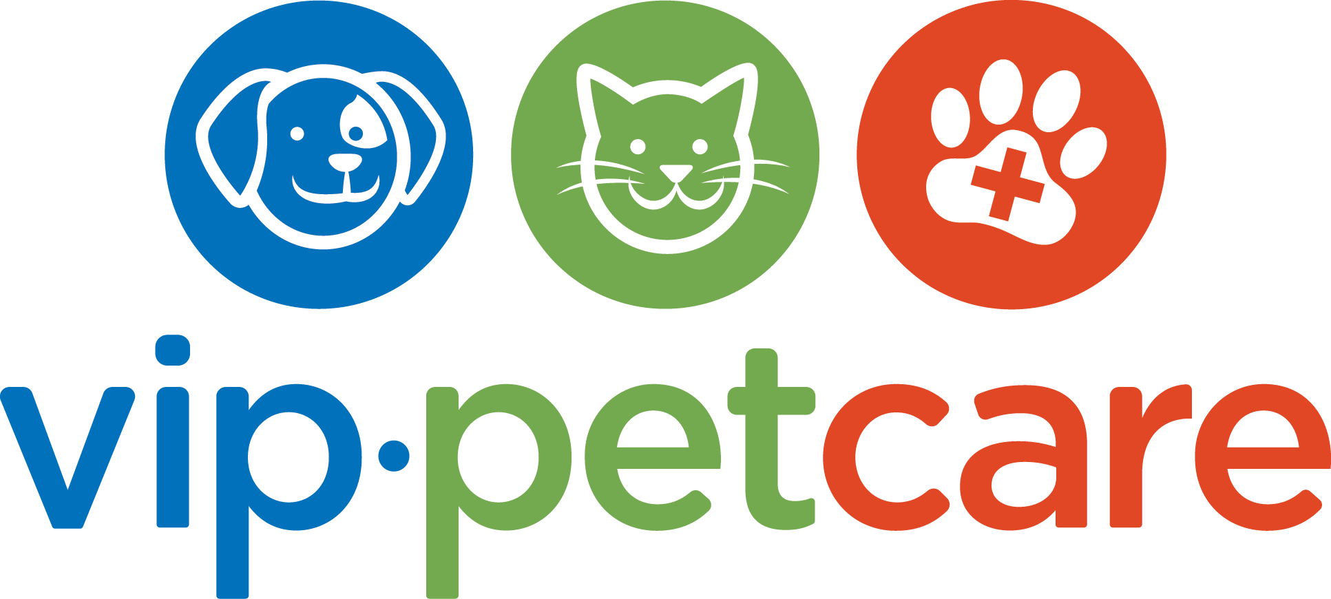Logo for VIP Petcare featuring three circular icons with white outlines: a dog in a blue circle, a cat in a green circle, and a paw print with a medical cross in an orange circle. The text 'vip.petcare' is below in blue, green, and red letters.