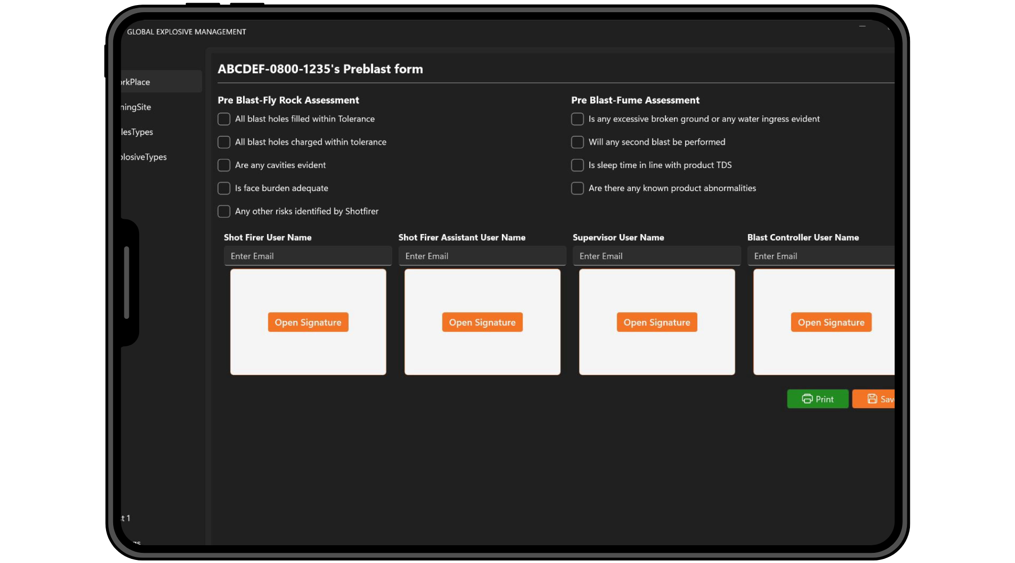A digital preblast form displayed on a device screen for explosive management, including sections for assessment, user emails, and signature buttons for safety checks.