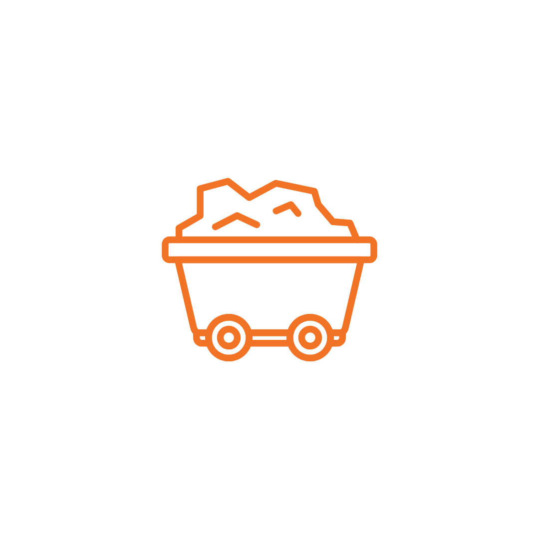 Neon-style icon of a wheelbarrow filled with dirt or rocks on a black background.
