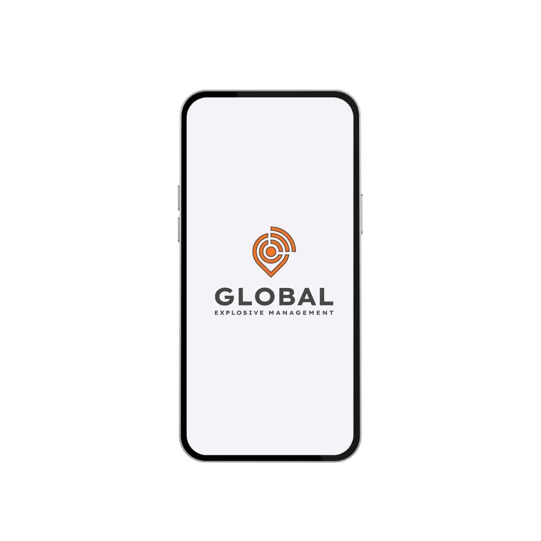 Smartphone displaying a logo with an orange radar symbol and the text 'GLOBAL Explosive Management' on a white background.
