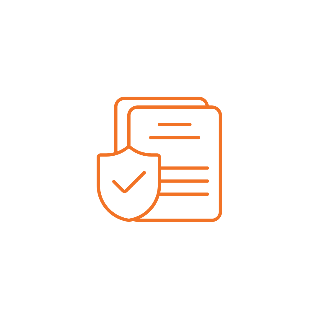 Outline of documents with a shield and checkmark icon, representing document security or approval.