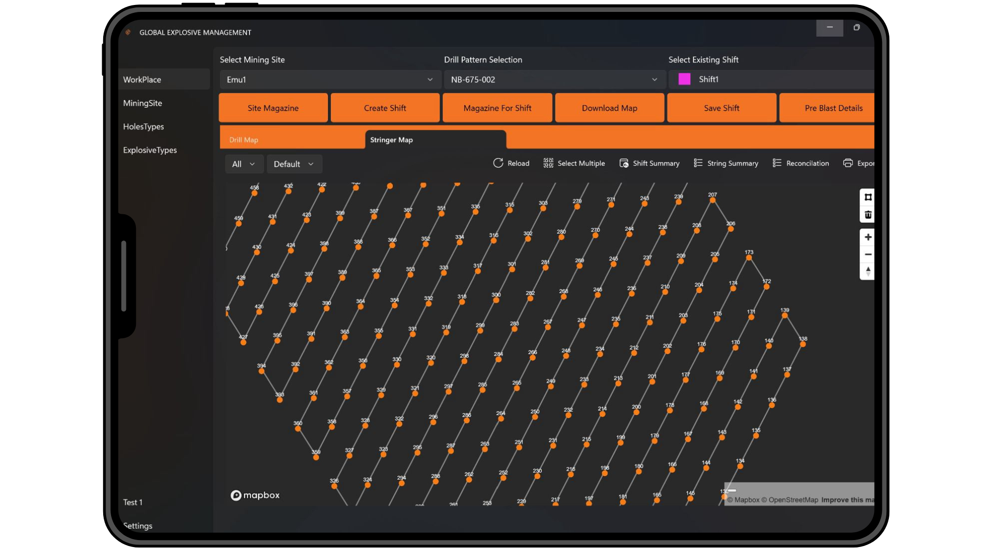 A digital map interface showing a complex map of an underground mine with numbered points. The map is part of a software application titled 'Global Explosive Management' and includes options for selecting mining sites, drill patterns, and shifts. The map features orange points connected by white lines, with numbers indicating specific locations or data points within the mine.