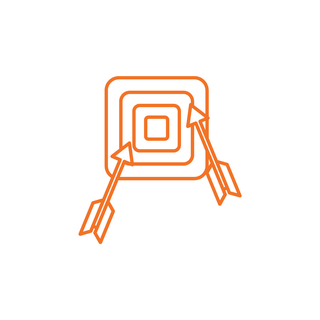 An orange outline of a target with two arrows hitting the bullseye against a black background.