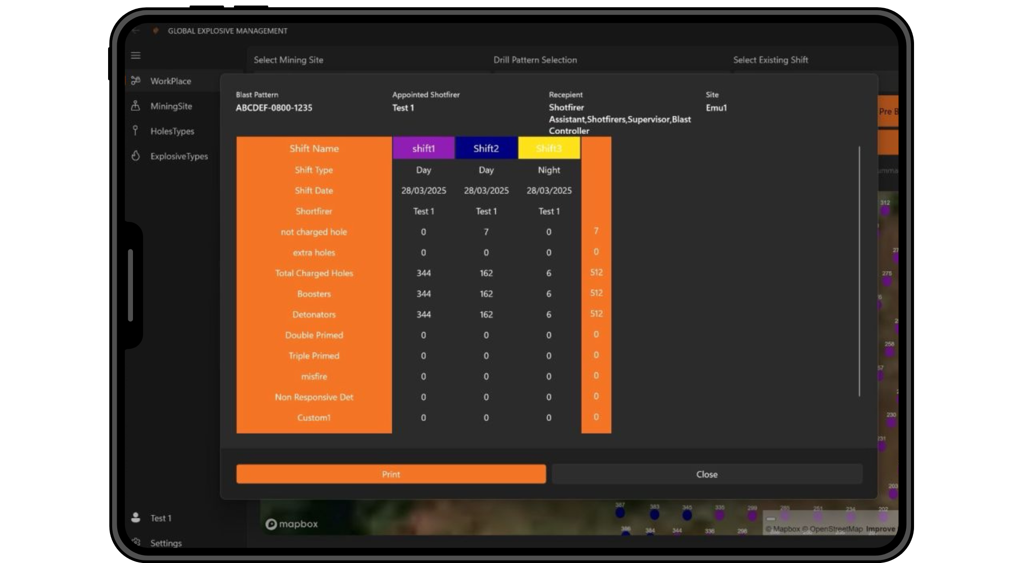 Screenshot of a computer screen showing a software interface named 'Global Explosive Management.' The interface features a table with details about a blast pattern, including shift names and types, shift date, and the number of holes charged, extra holes, boosters, detonators, and other parameters. The table is divided into columns labeled shift1, shift2, and shift3 with various numeric data. There are options for printing and closing at the bottom of the interface, and the left side has menu options such as Workplace, Mining Site, Holes Types, and Explosive Types.