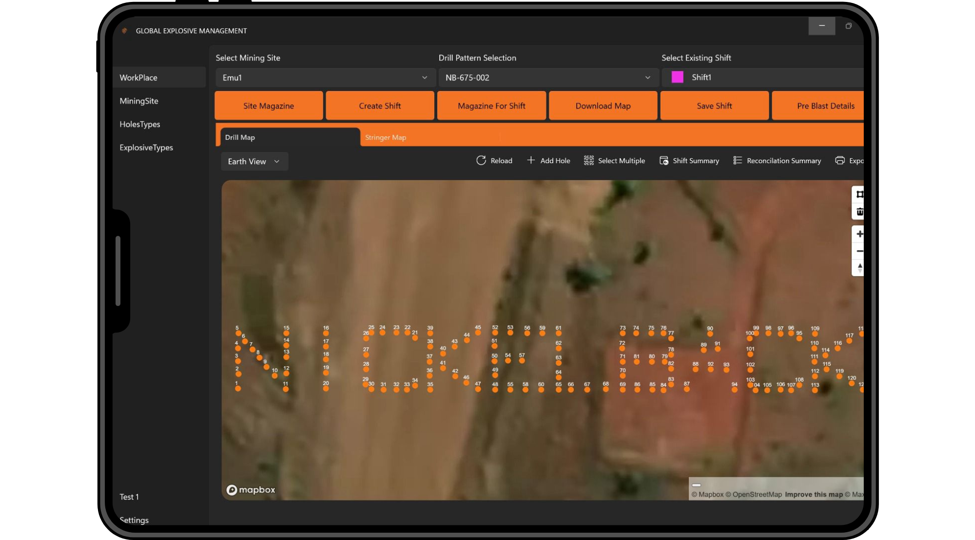 Screenshot of a digital mining site management software interface displaying a solarized map with numbered points, navigation and control buttons, and orange menu options.