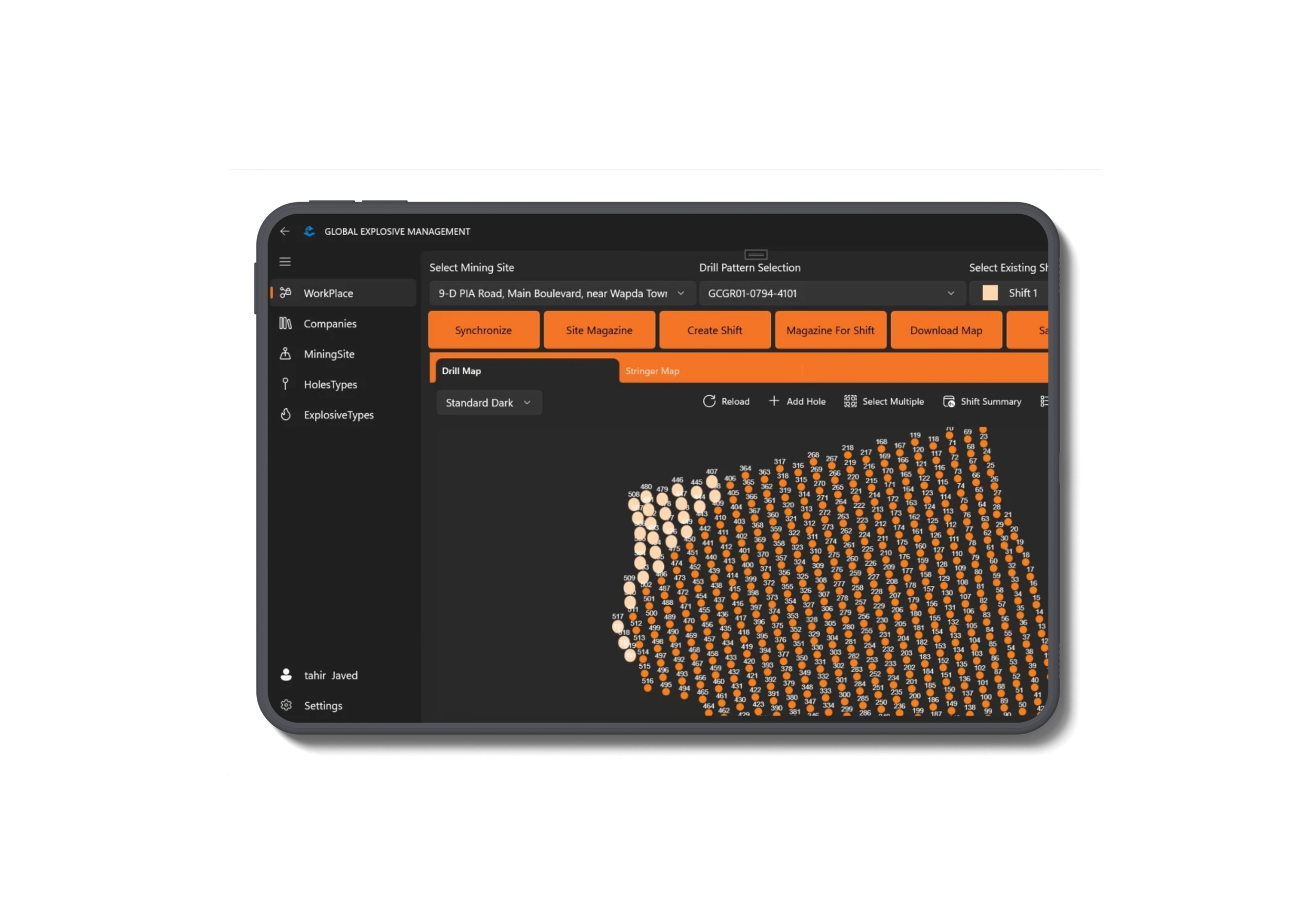 A digital map interface displaying a mining site plan with numbered drill hole markers in white and orange, with menu options on the left side labeled 'Workplace,' 'Companies,' and 'MiningSite.'