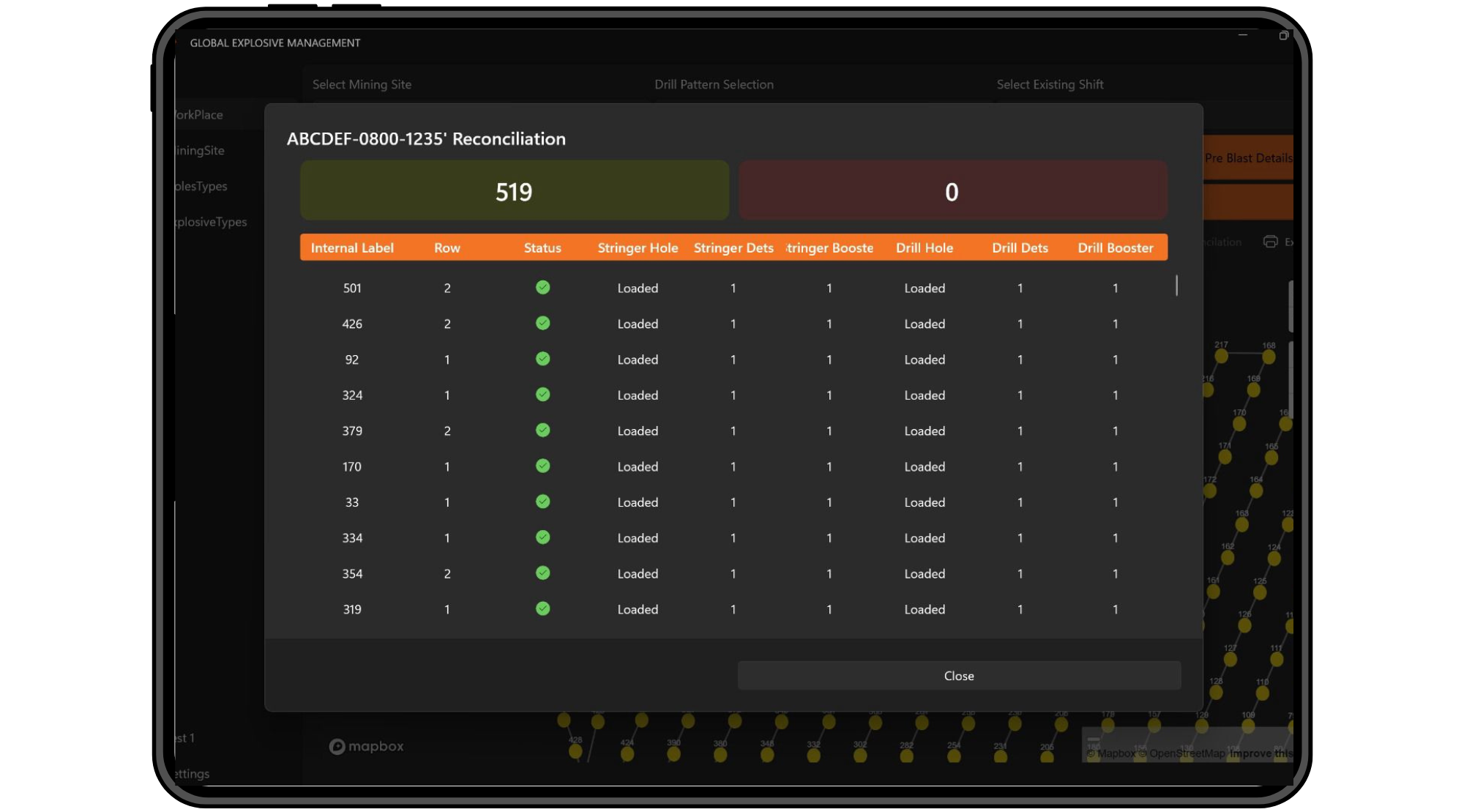 Computer screen displaying a digital interface for global explosive management with a reconciliation table showing rows, status, and details of drilled holes and stringers.