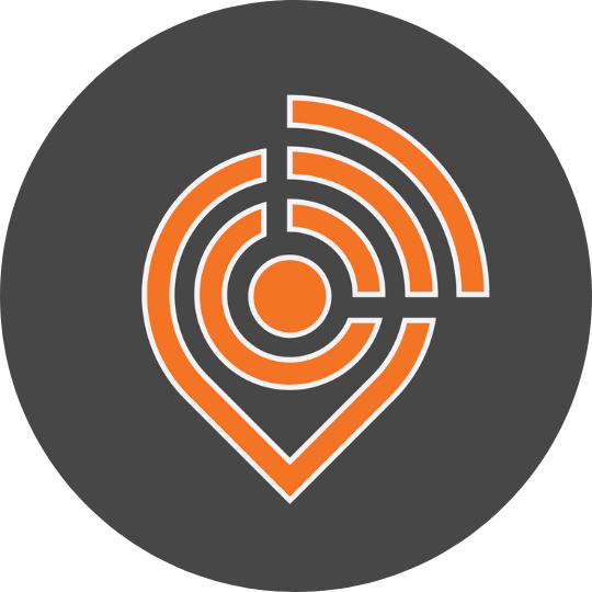 Logo featuring a stylized orange and white radar or sonar symbol on a dark gray circular background.