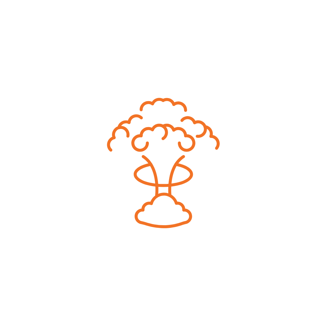 Illustration of an atomic bomb explosion with a cloud of smoke and a bright flash, depicted in orange lines.