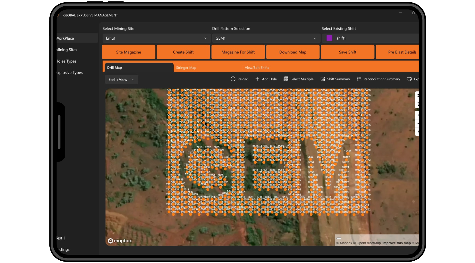 A digital map interface displaying a mining site with numerous numbered drill points, overlaid on a satellite image of the landscape, with editing and management options at the top.