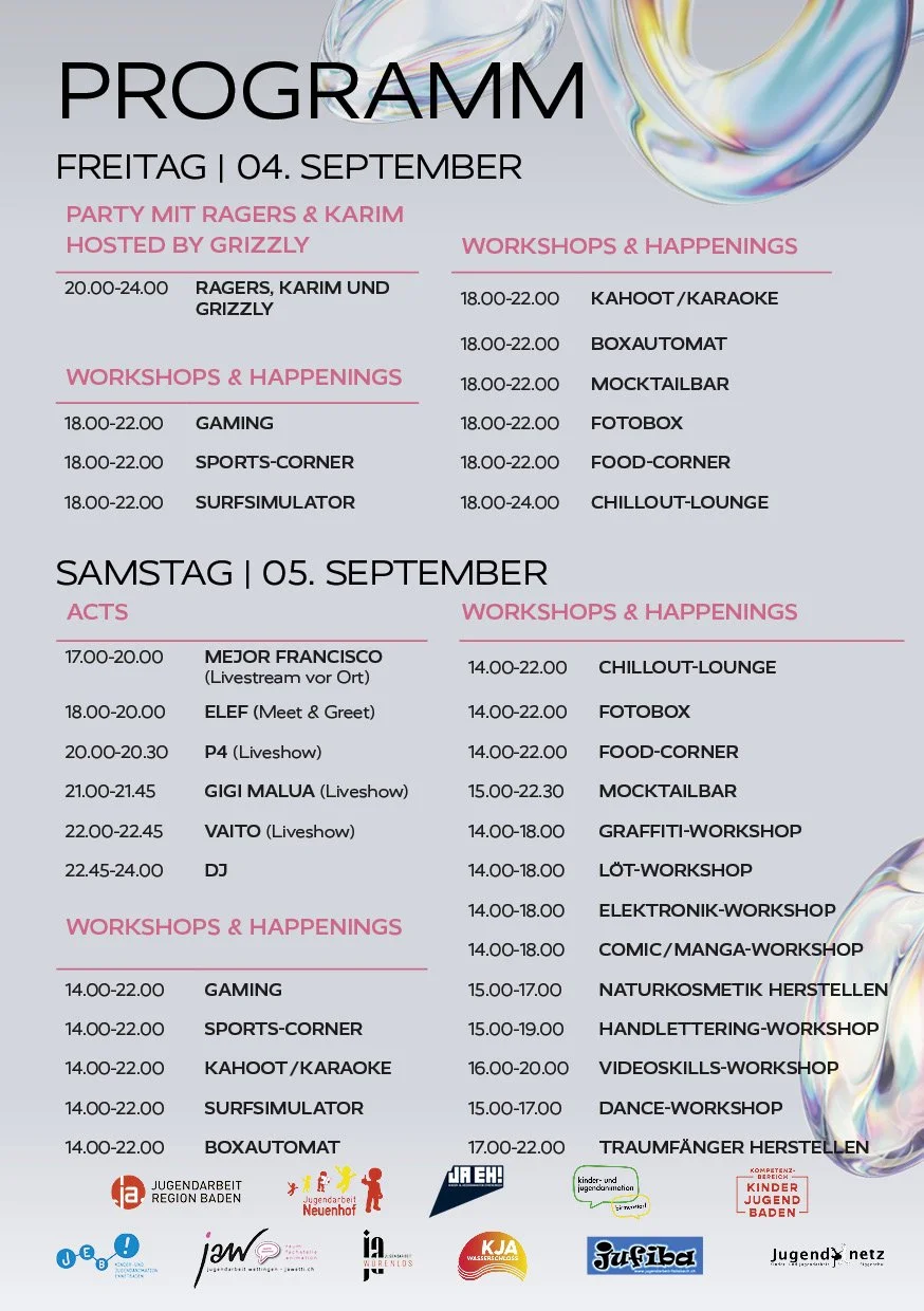 Programm für ein Event, Termine am 4. und 5. September, mit Workshops, Happenings, Partys und Aktivitäten wie Gaming, Karaoke, Foto- und Videobars, Sport, Live-Shows, Workshops zu Elektronik, Kunst und Handwerk, sowie spezielle Gruppen für Kinder und Jugendliche.