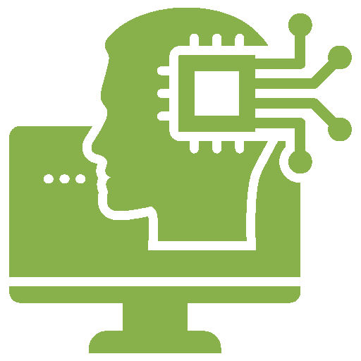 A stylized illustration of a human head with a microchip integrated into the brain area, representing artificial intelligence or machine learning.