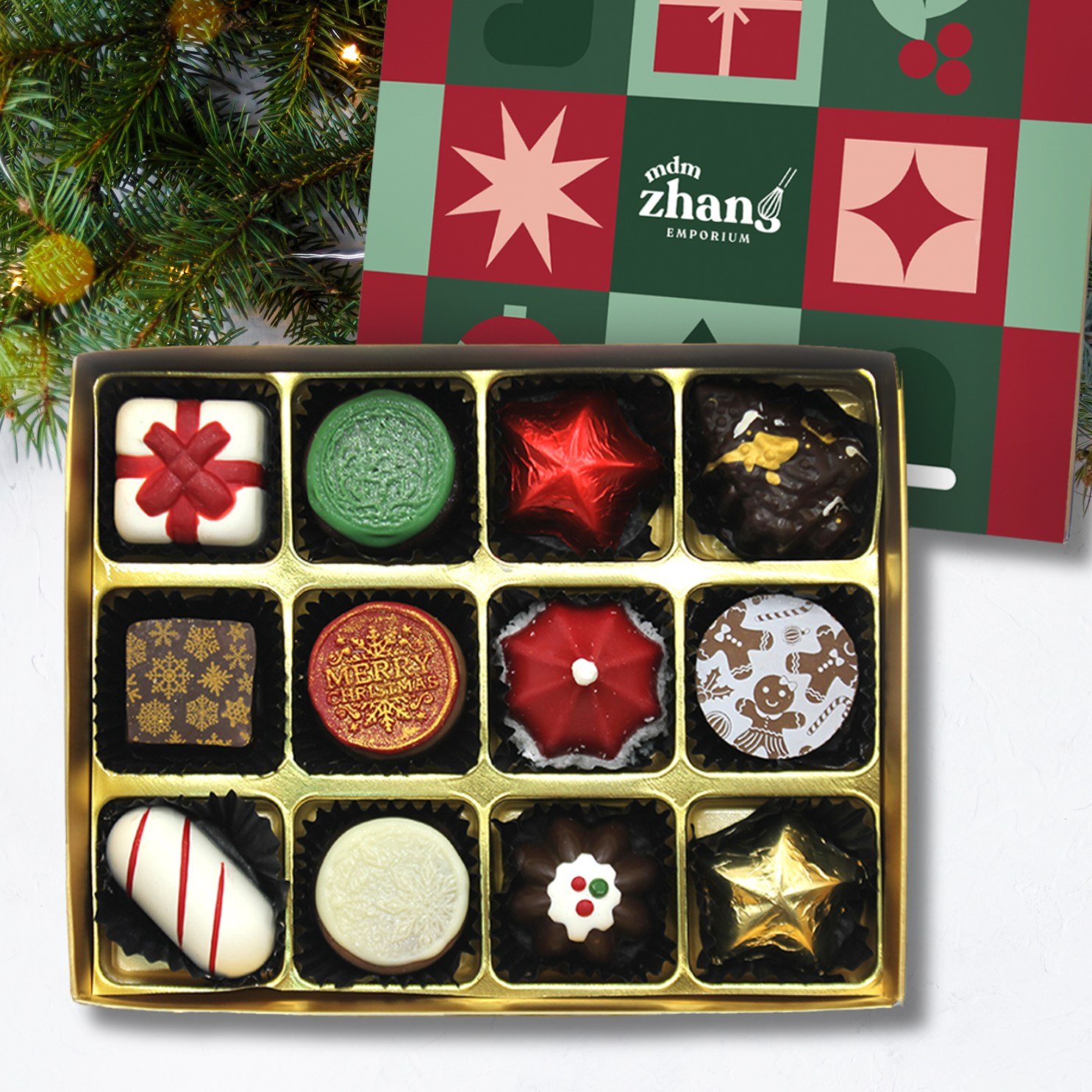 Celebrate the festive season with Mdm Zhang&rsquo;s limited-edition Christmas praline box! This seasonal set comes in boxes of 12, 24, or 48 pieces. Each with  12 unique flavors each in a different festive design. 

12 Days of Christmas:
1. Christmas