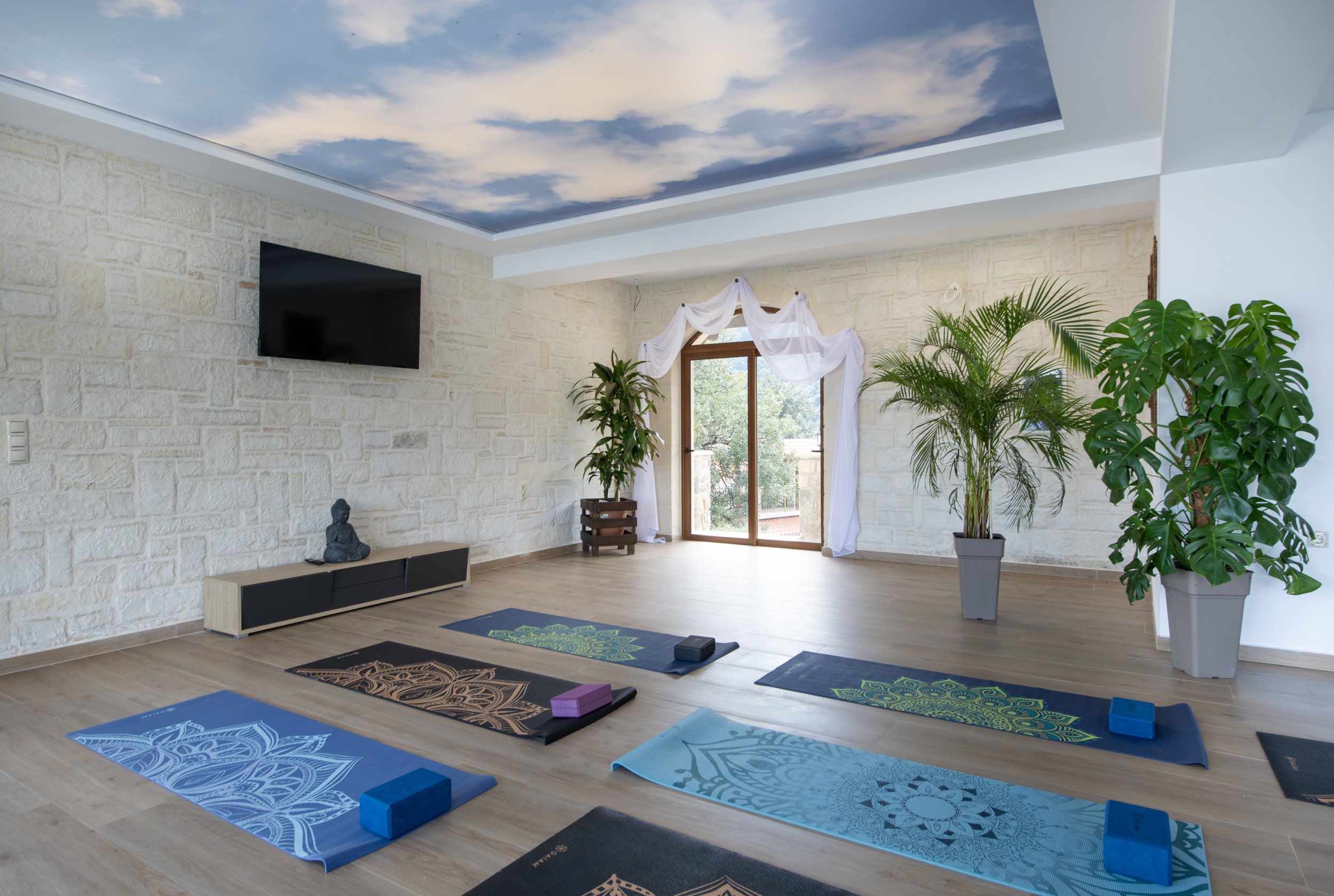 Yoga studio with mats, blocks, plants, and a decorative ceiling with sky imagery.