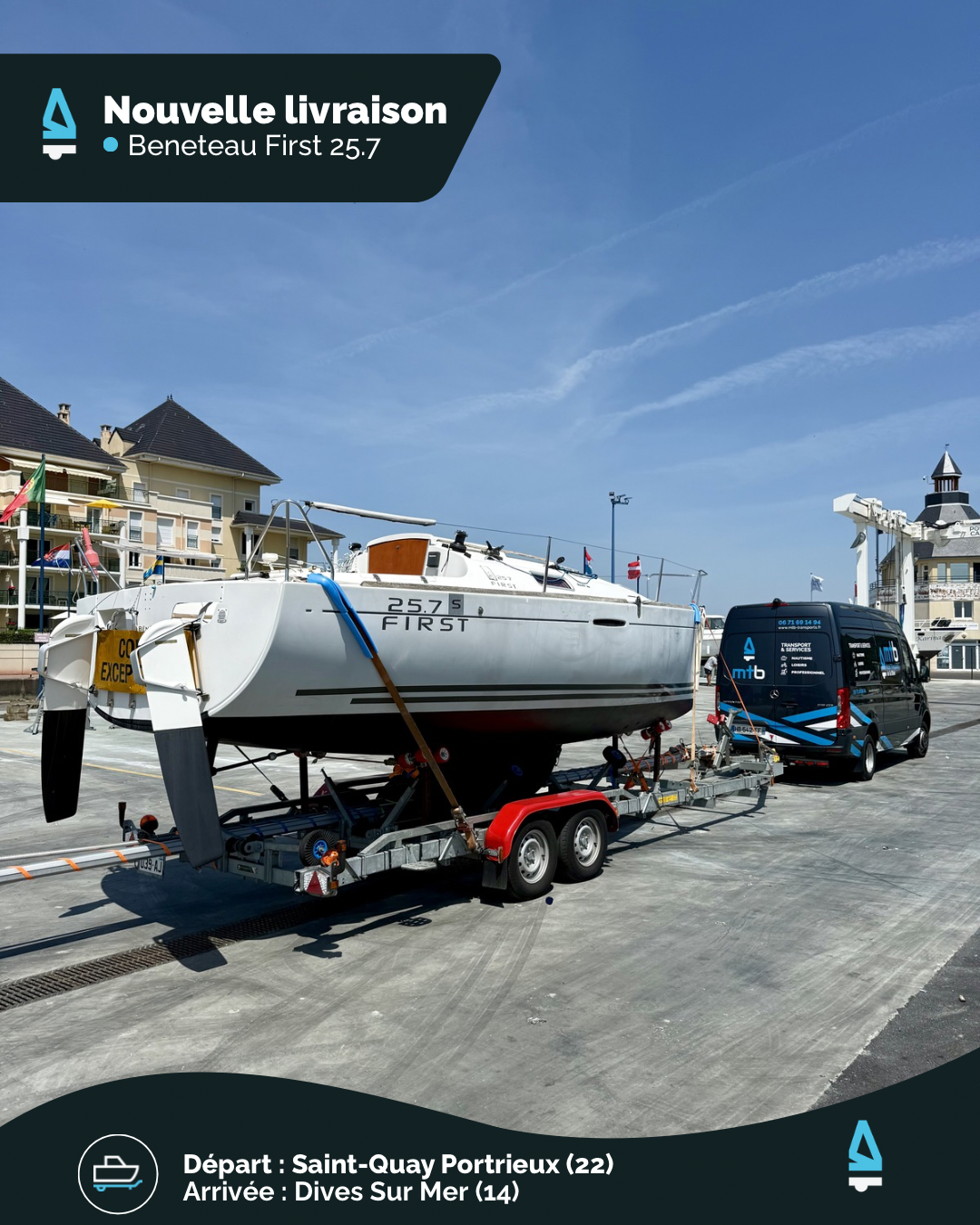 ⛵🚛 Un projet, trois entreprises locales, une seule mission : une livraison d’un First 25.7 réussie.