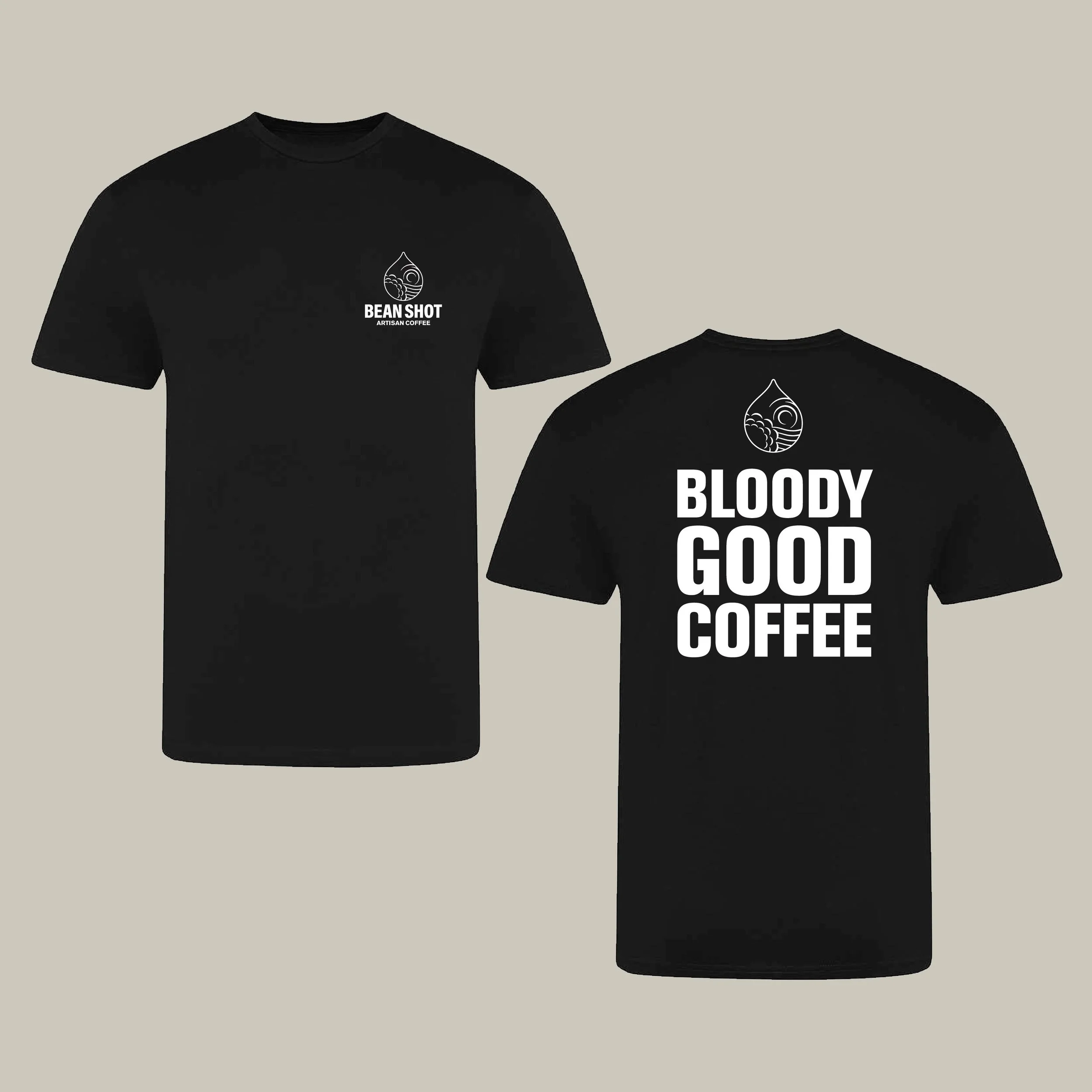 Men's black bean shot bloody good coffee tshirt front and back
