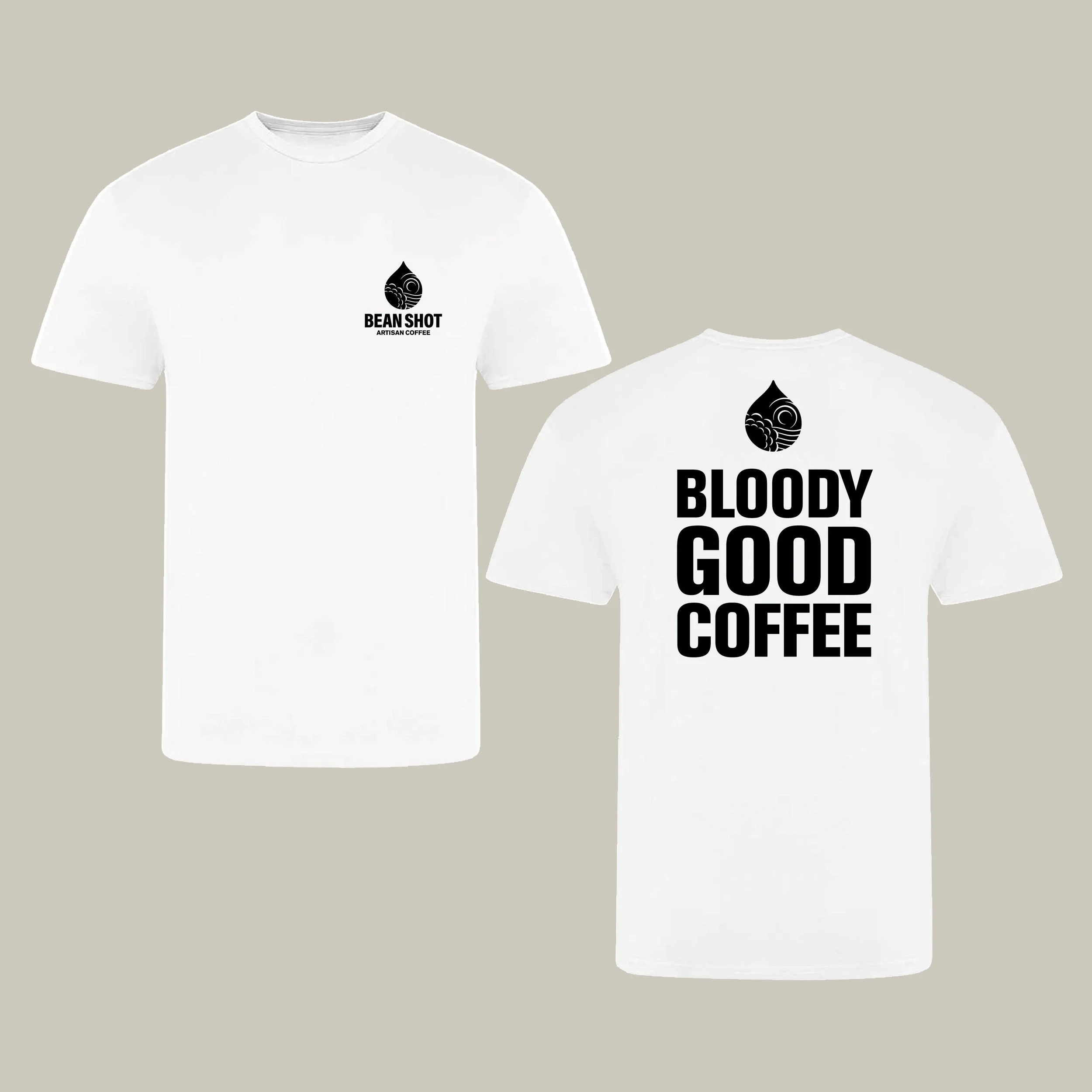 Men's white bean shot bloody good coffee tshirt front and back