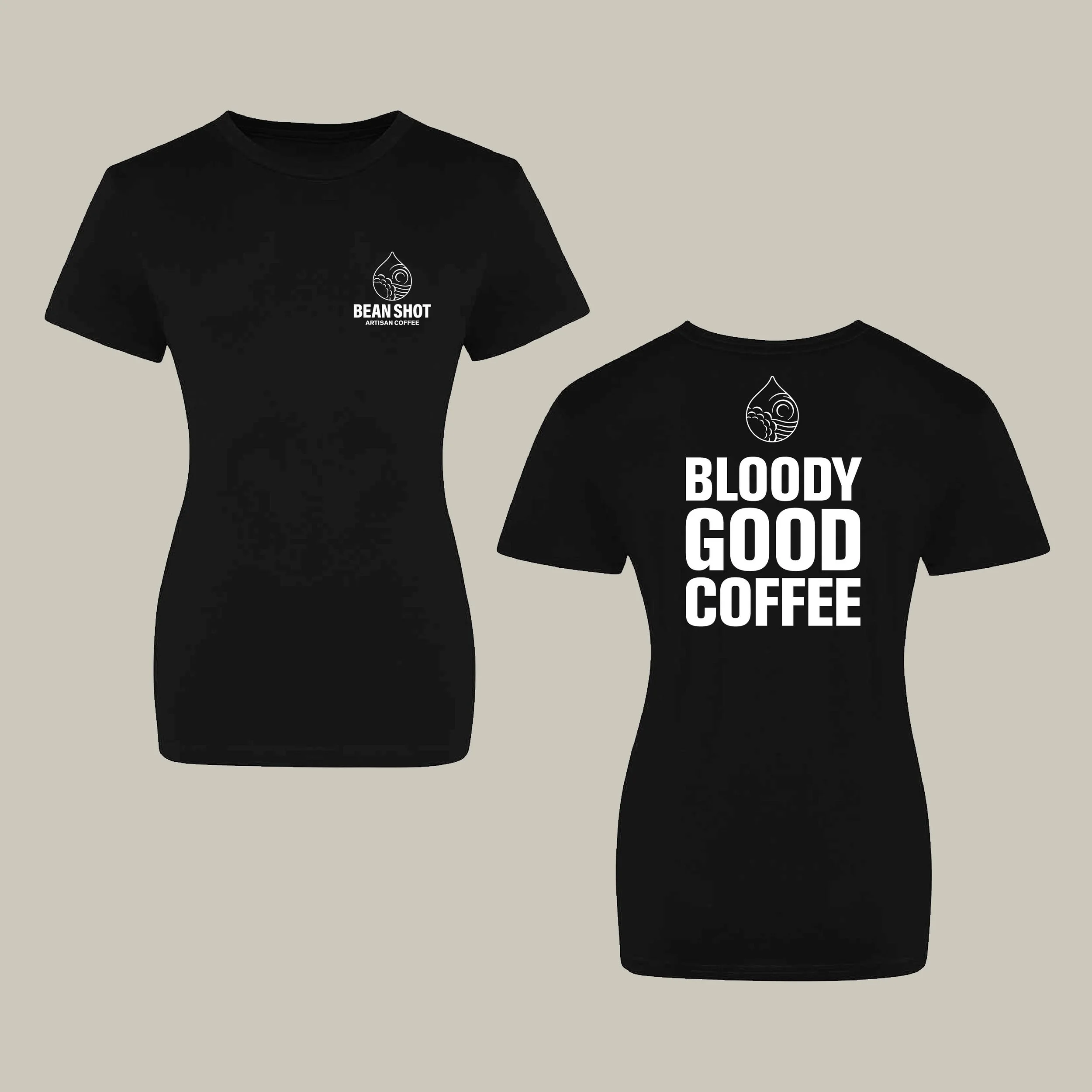 Women's black bean shot bloody good coffee tshirt front and back