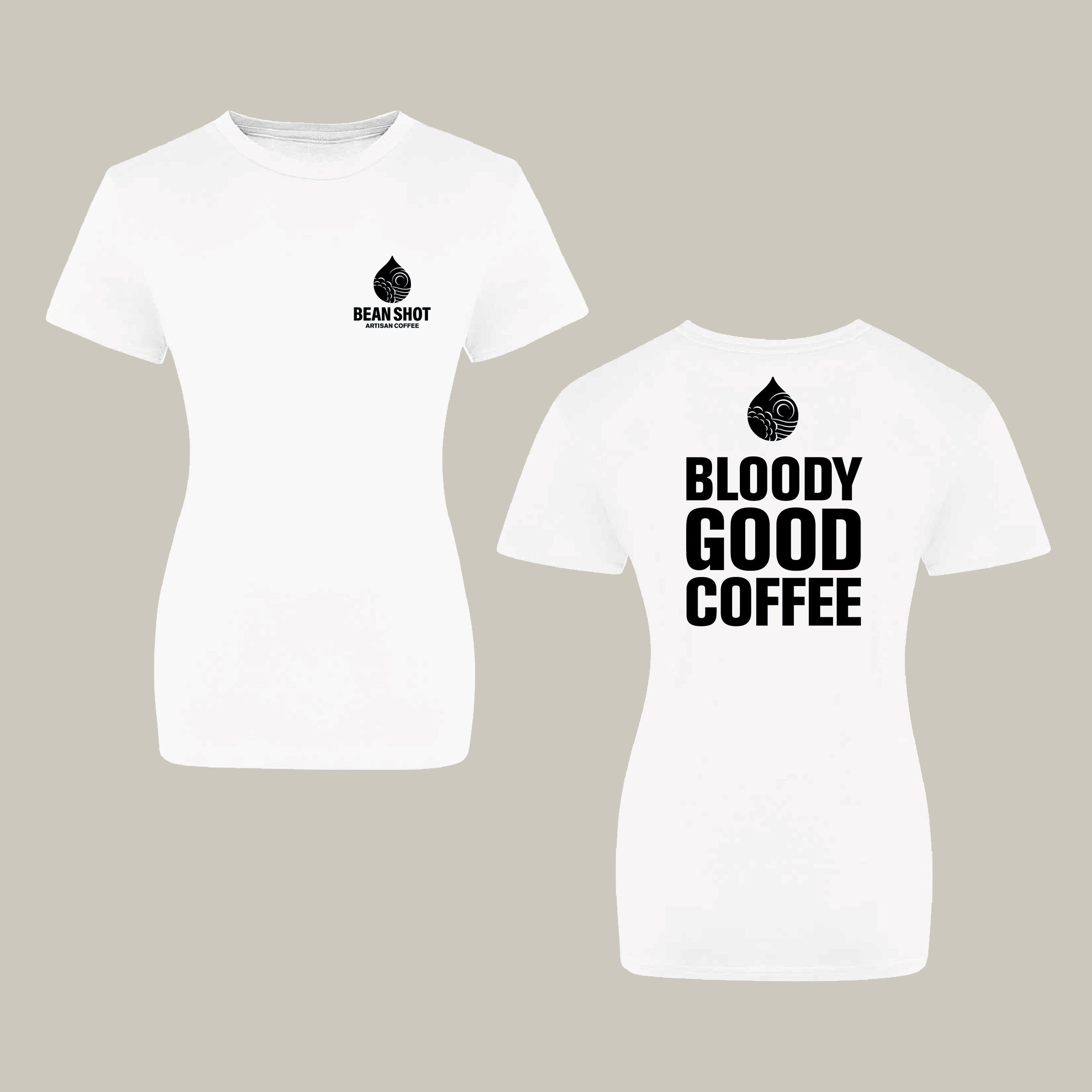 Women's white bean shot bloody good coffee tshirt front and back