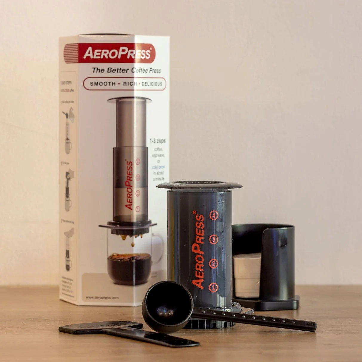 Aeropress used to make coffee at home on counter