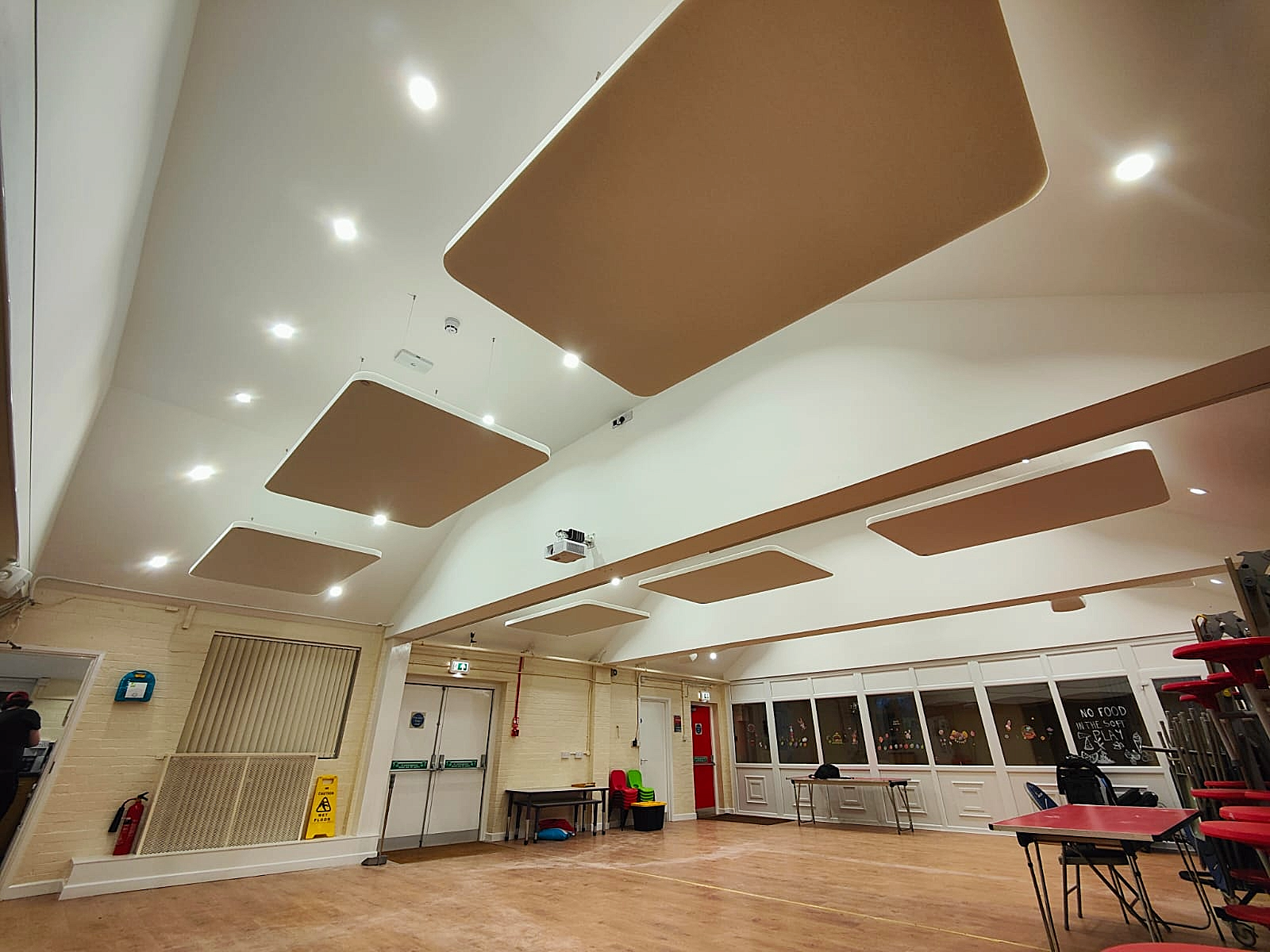 St Athan Community Centre hall with acoustic panels installed on ceiling