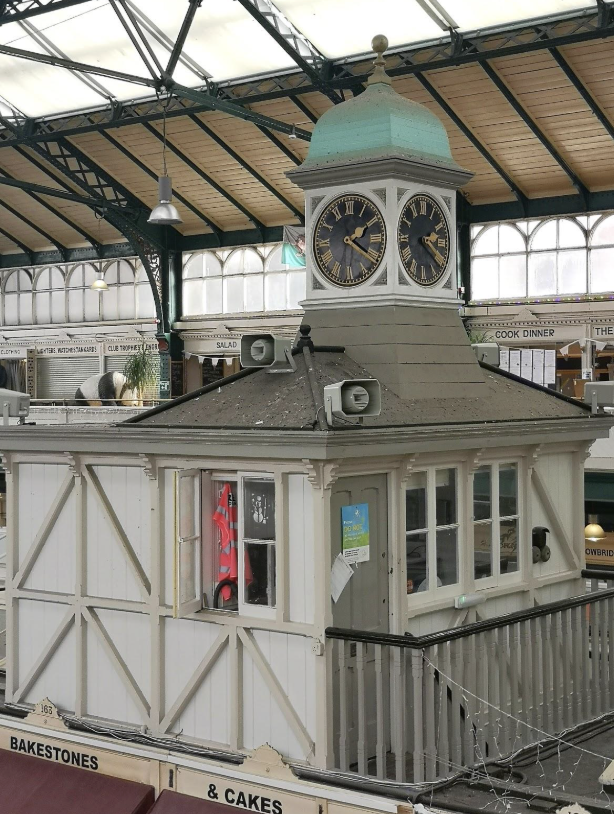 Clock tower at Cardiff market following new PA system install by Spartan Audio