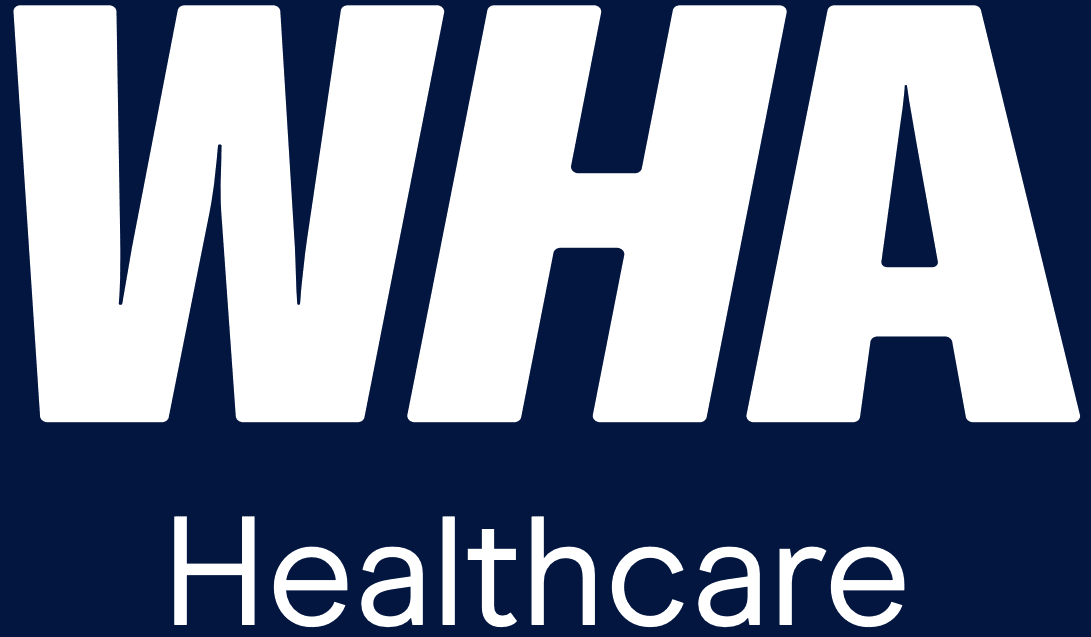 WHA Healthcare logo on a dark blue background