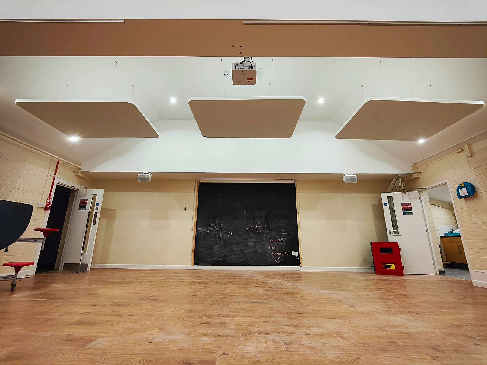 St Athan Community Centre hall with acoustic panels installed on ceiling