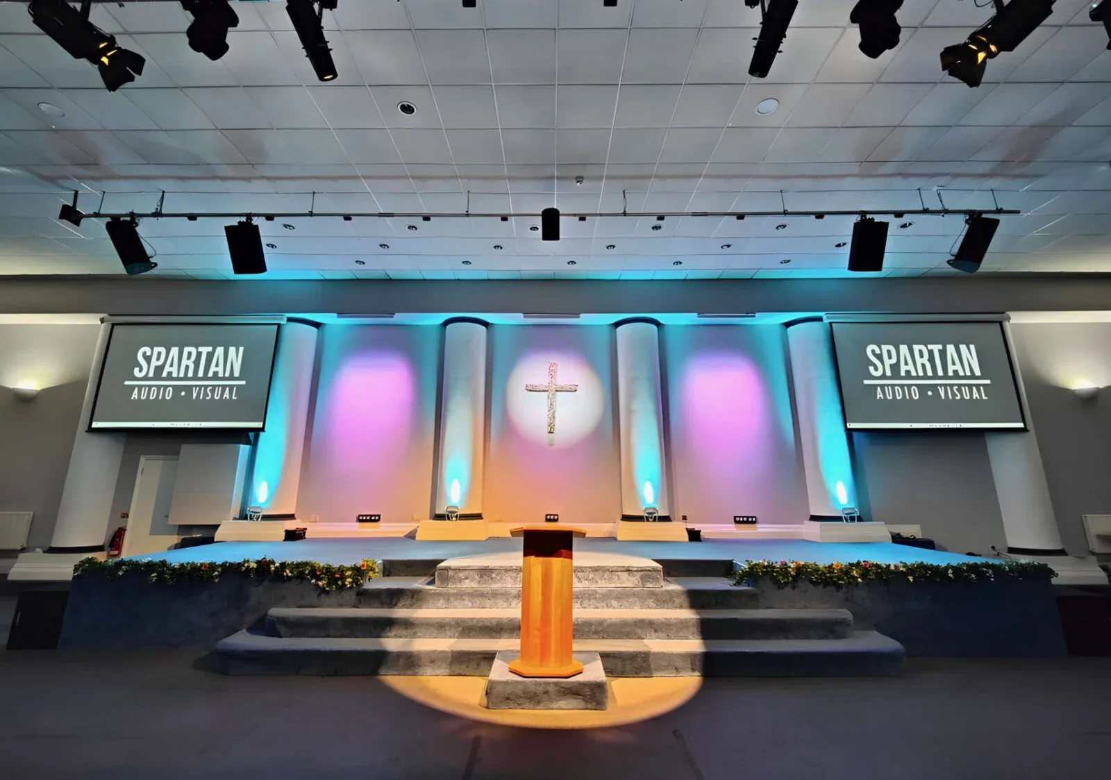 Line array speakers at The Vine Christian Center