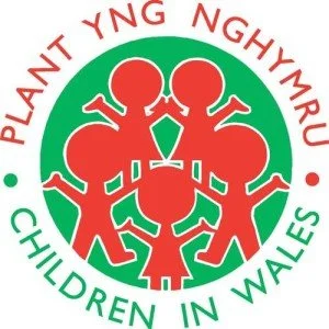 "Children in Wales" logo with red figures holding hands