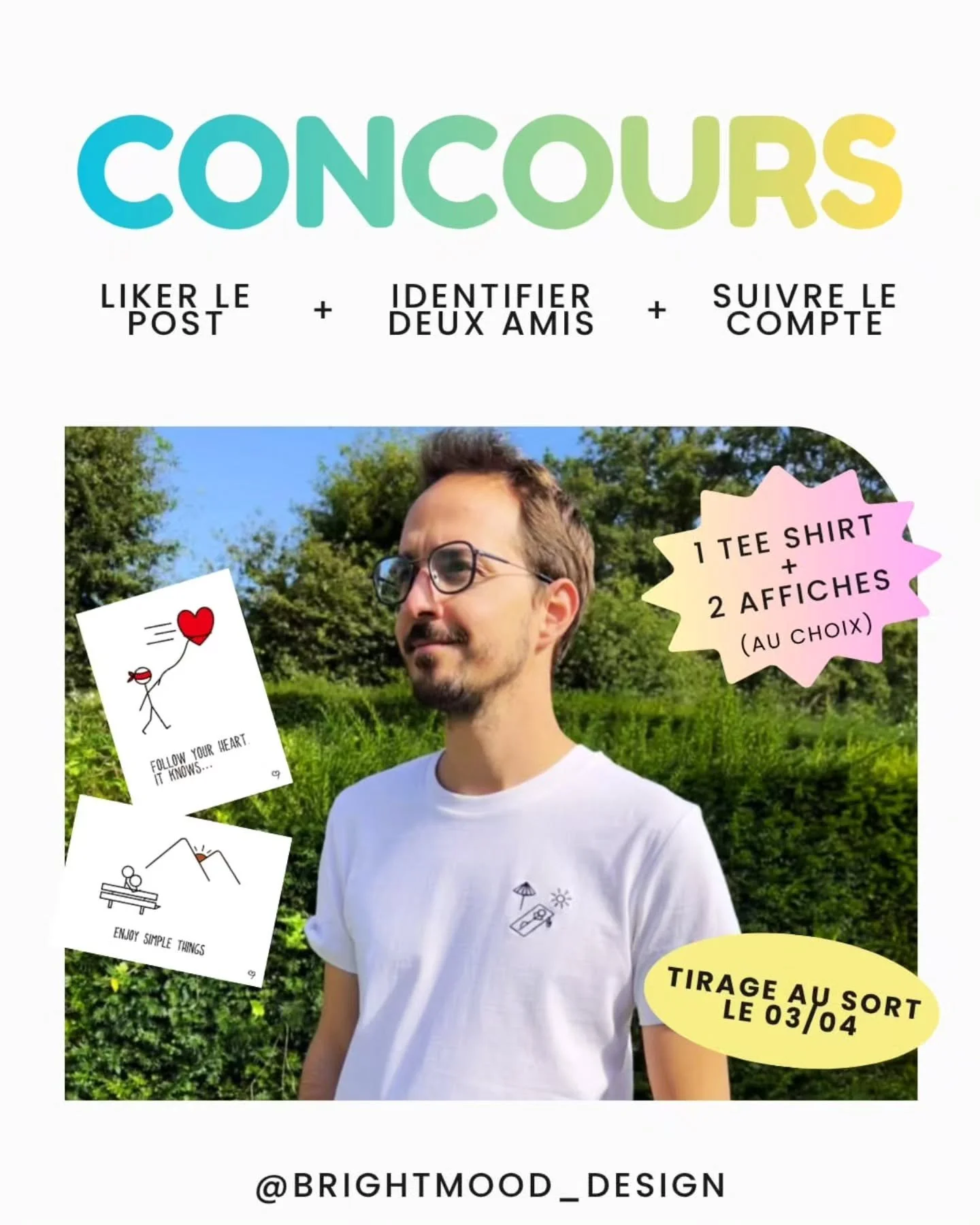 Hello &agrave; tous ! 😊

Le printemps est l&agrave;, le soleil aussi ! Et donc pourquoi pas f&ecirc;ter &ccedil;a avec le premier jeu concours brightmood ! 🎉☀️😃

Tentez de gagner un tee-shirt au choix ainsi que vos 2 affiches pr&eacute;f&eacute;r&