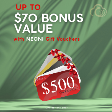 Gift vouchers at Neoni up to $70 bonus on a green background
