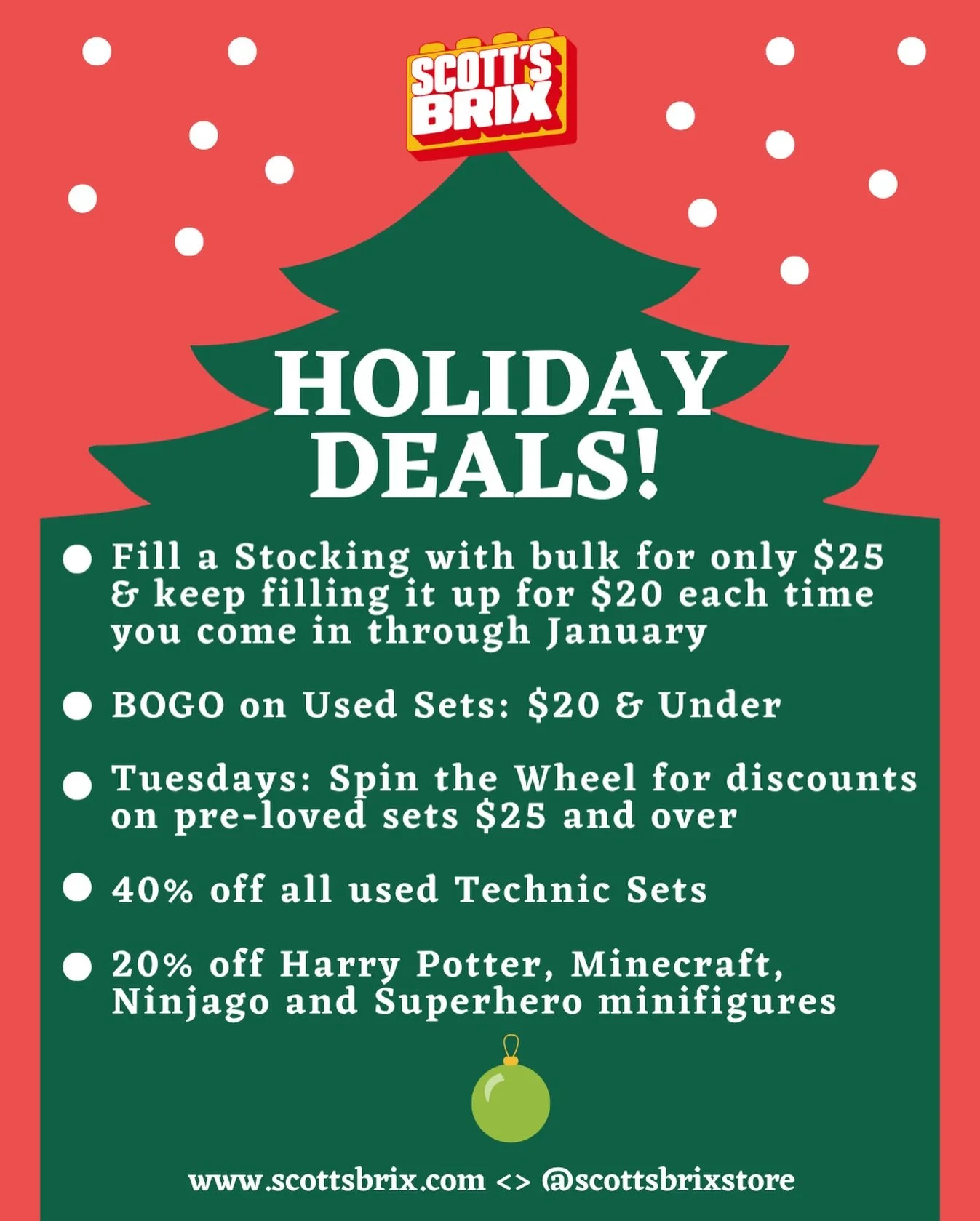 🎄✨ Holiday deals have officially landed at Scott&rsquo;s Brix! From bulk-fill stockings to BOGO sets and big savings on your favorite themes, there&rsquo;s something for every builder this season. Stack up the cheer and come shop these limited-time 