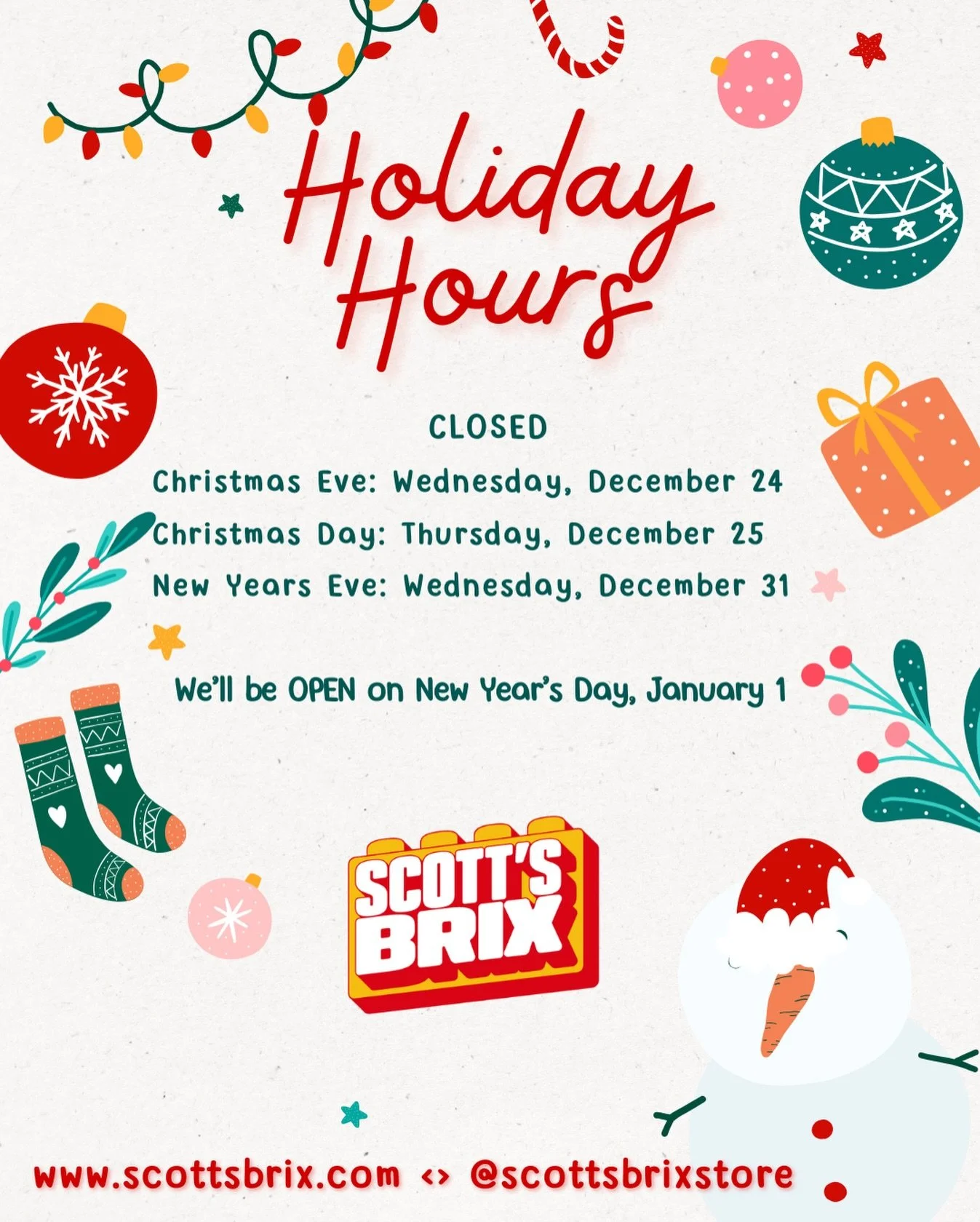 ✨🎄 Holiday Hours at Scott&rsquo;s Brix! 🎄✨
We&rsquo;re taking a little break to enjoy the season, but don&rsquo;t worry &mdash; we&rsquo;ll be back and OPEN on New Year&rsquo;s Day to kick off 2025 with all your favorite brix! 🧱❄️
Happy Holidays f