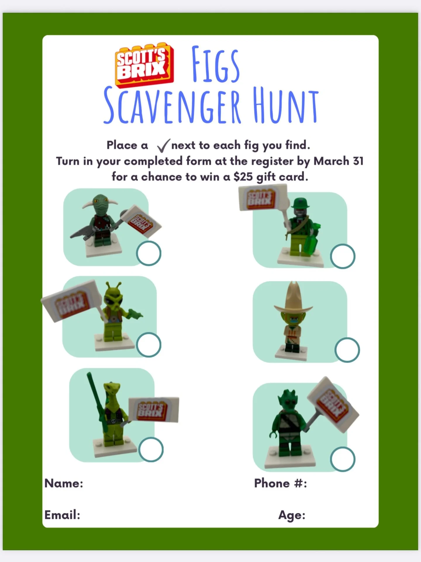 The hunt is ON at Scott&rsquo;s Brix 👀

Find all the hidden figs, mark them off, and turn in your sheet by March 31 for a chance to win a $25 gift card! 🏆

Fun for the kids&hellip; and let&rsquo;s be honest, the adults too 😏

Stop by, start search