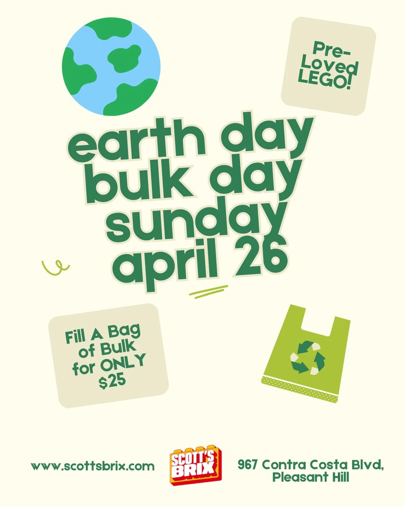 Build it. Save it. Love it. 🌎♻️

Join us for Earth Day at Scott&rsquo;s Brix on Sunday, April 26 and dig through bins of pre-loved LEGO treasures. Fill a bag for just $25 and give bricks a second life while creating something new.

Bring your creati