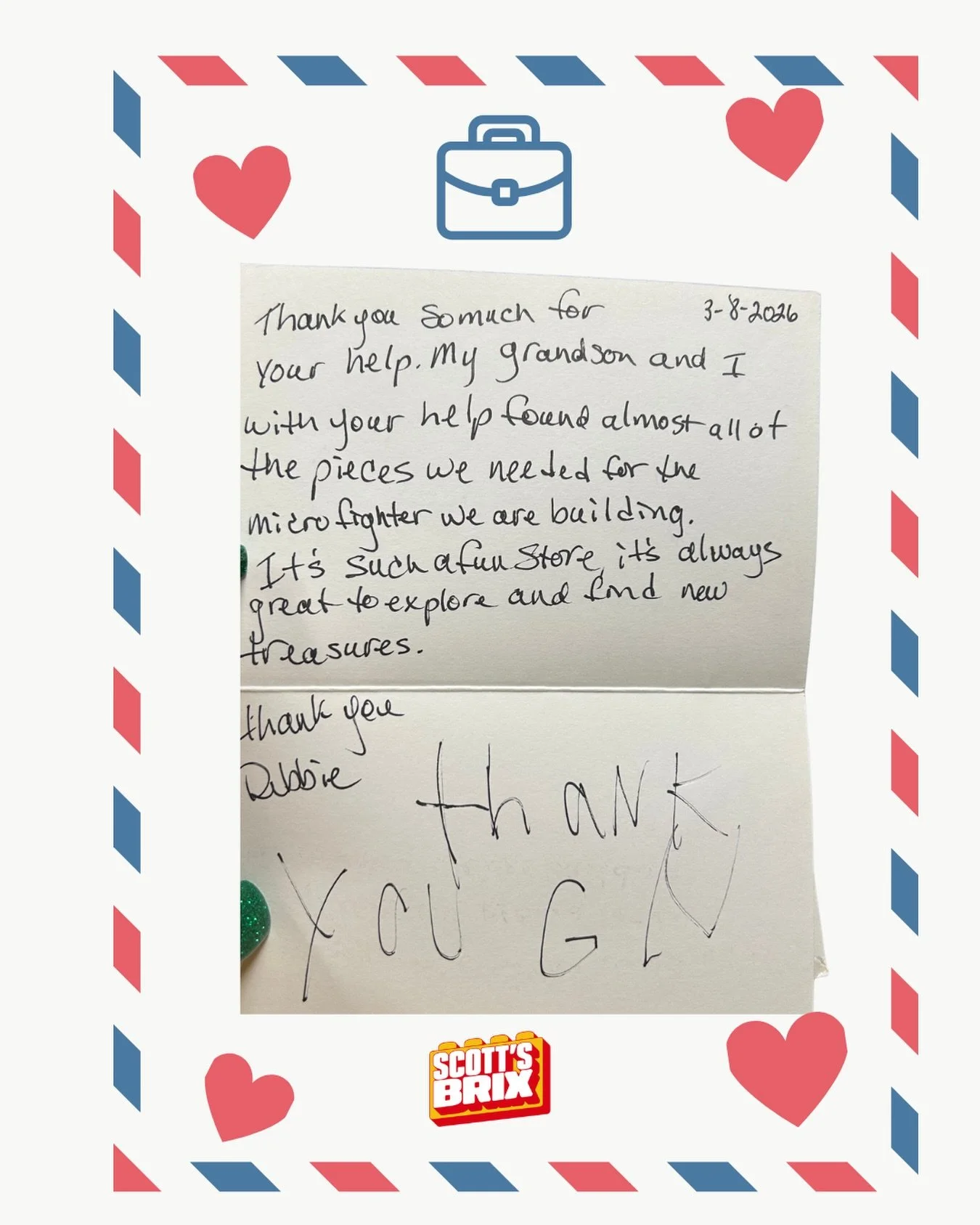 Moments like these mean the world to us ❤️

We&rsquo;re so grateful to be a place where families can come together, build memories, and create something special brick by brick. Thank you for the kind note and for letting Scott&rsquo;s Brix be part of