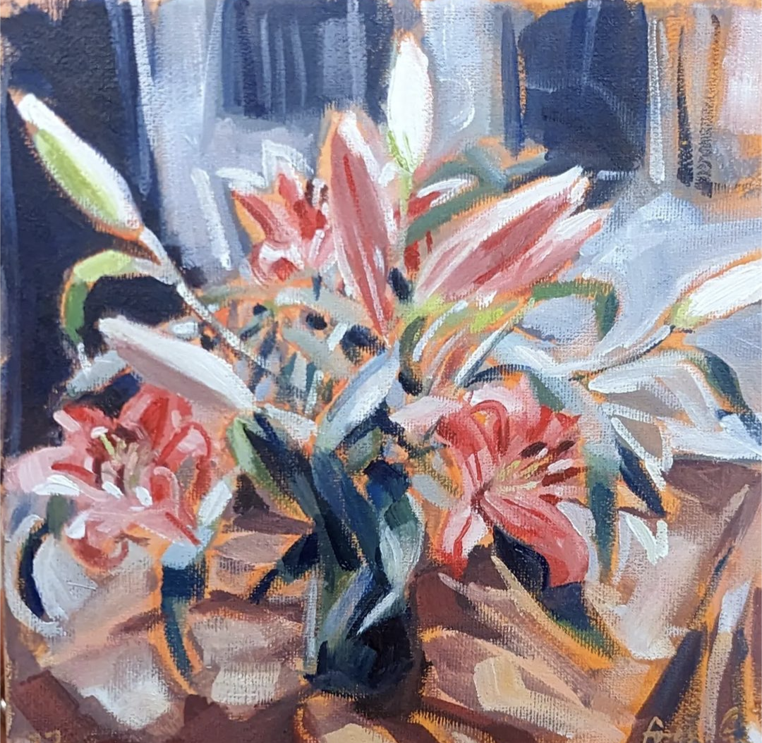 Lilies (2023). Oil on canvas, 10 x 10cm